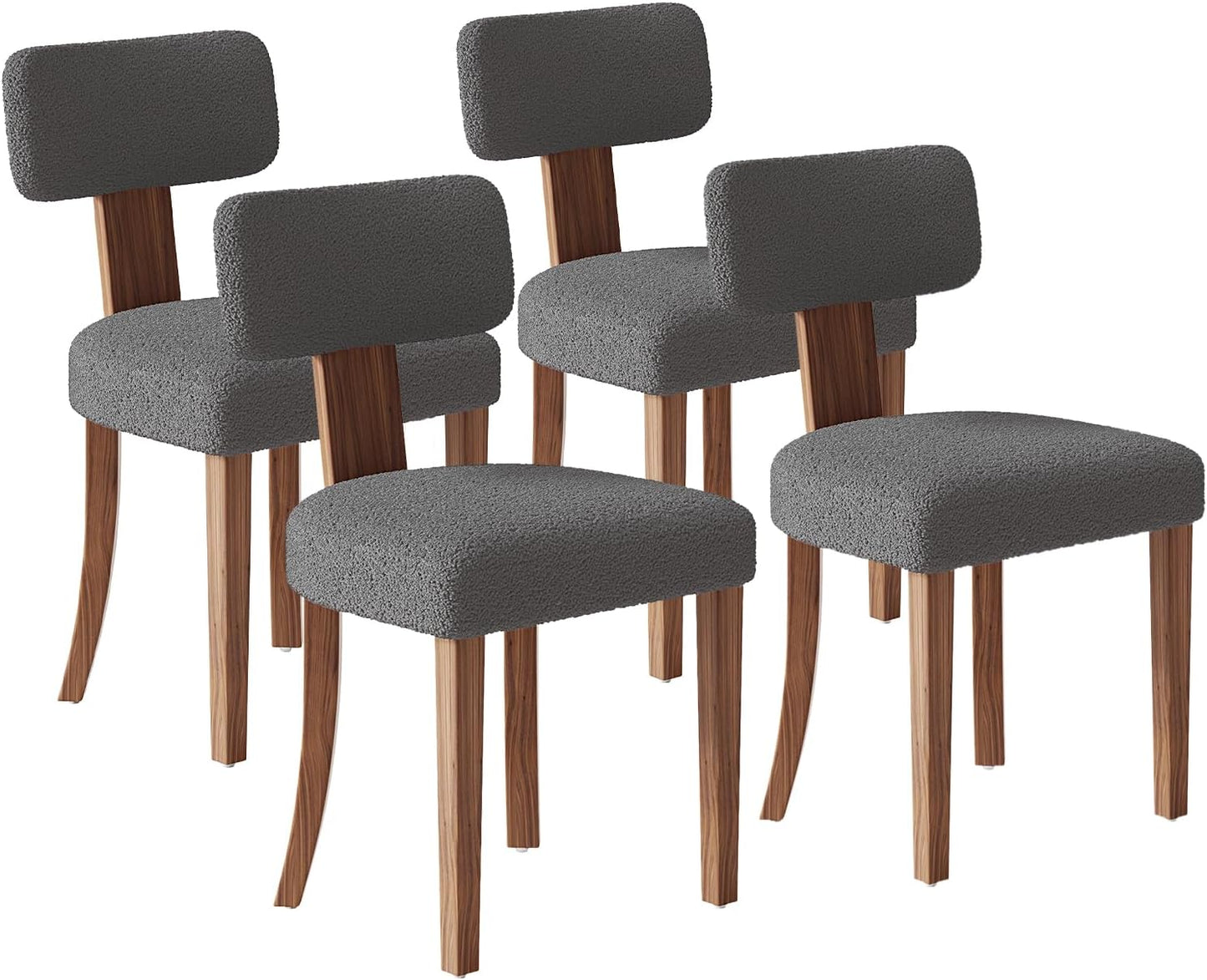 Farmhouse Chair Set of 4, Mid Century Modern Dining Chairs, Sherpa Upholstered Kitchen Chairs with Curved Backrest & Adjustable Legs for Living Room/Bedroom, Easy to Install, Grey Sherpa