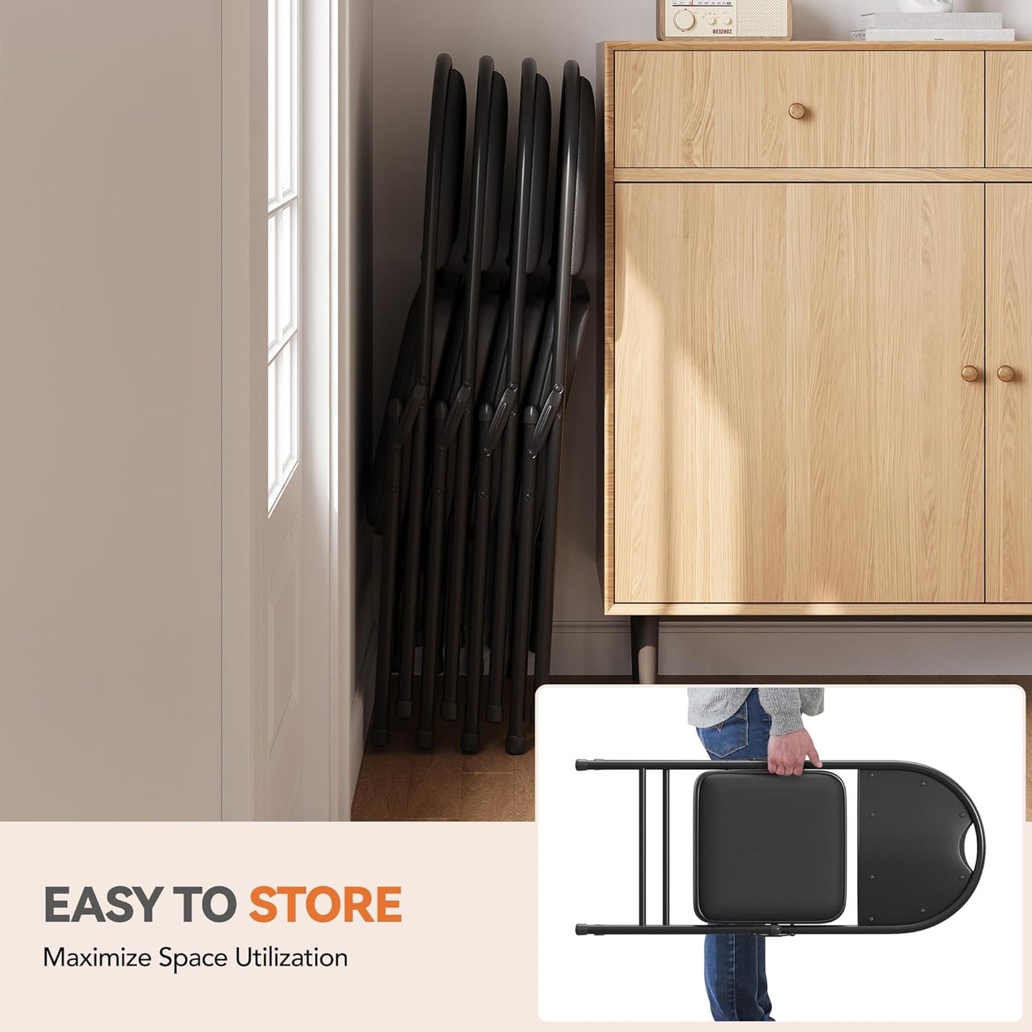 GarveeHome 4 Pack Folding Chairs with PU Leather Padded Cushion and Back, Metal Foldable Chair for Indoor Outdoor, Commercial Stackable Guest Chairs for Camping, Dining Room, Office, Party, Black