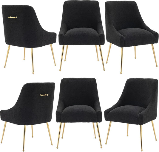 Dining Chairs Medieval Modern Restaurant Chairs, Soft Cushions, Teddy Velvet, Polished Gold Metal Legs, Kitchen Chairs, Living Room Black 6-Piece Set