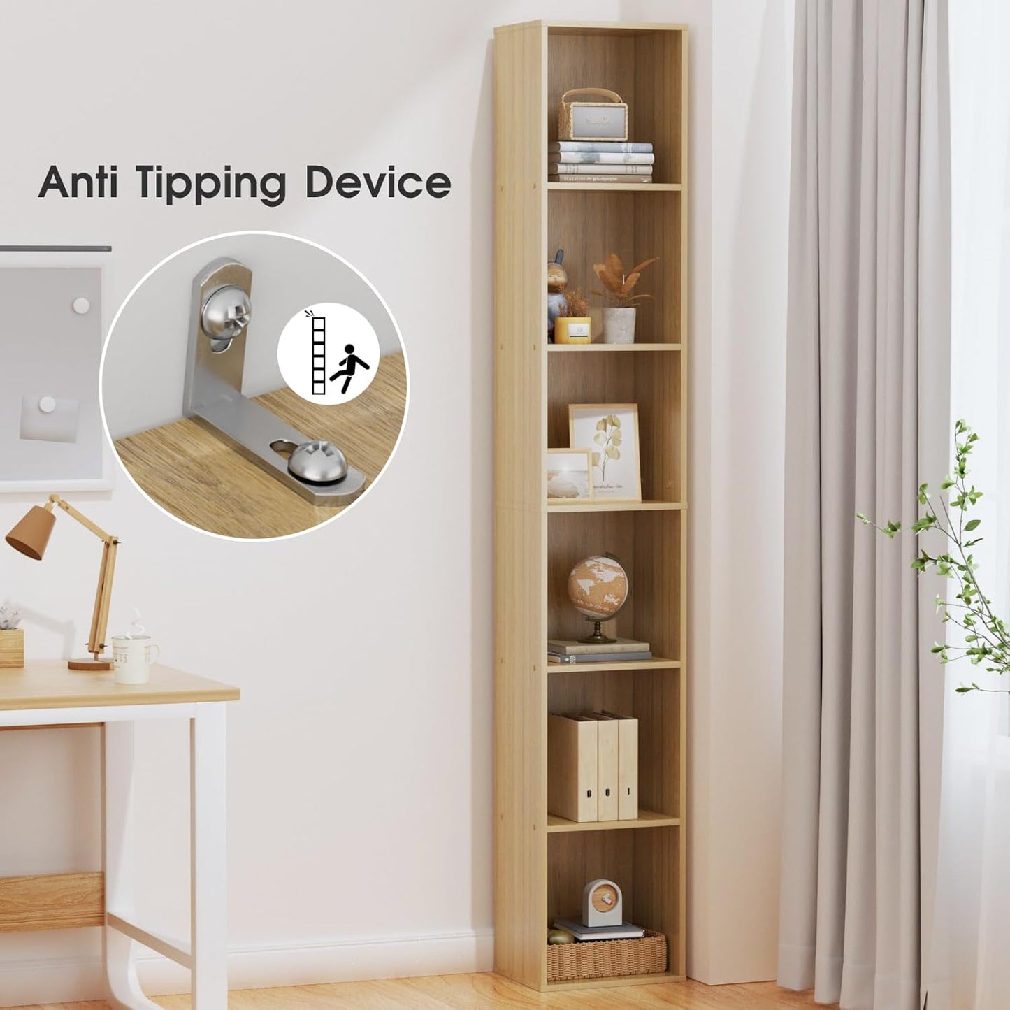 Tall Narrow Bookshelf 6-Tier Bookcase,70.5" Skinny Thin Corner Shelf Slim Storage Cabinet,Wood DVD CD Media Cube Organizer Tower Rack for Small Spaces, Bedroom, Living Room, Office,Natural