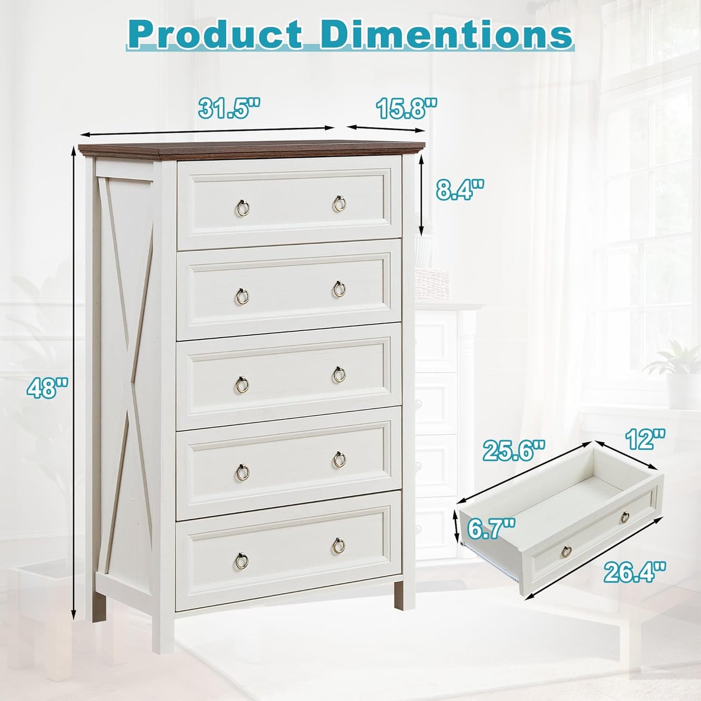 31.3" Farmhouse Sideboard Buffet Cabinet with Storage, Kitchen Buffet Storage Cabinet with 5 Drawers, Modern Wood Accent Sideboard for Living Room, Kitchen, Hallway(Ivory White)