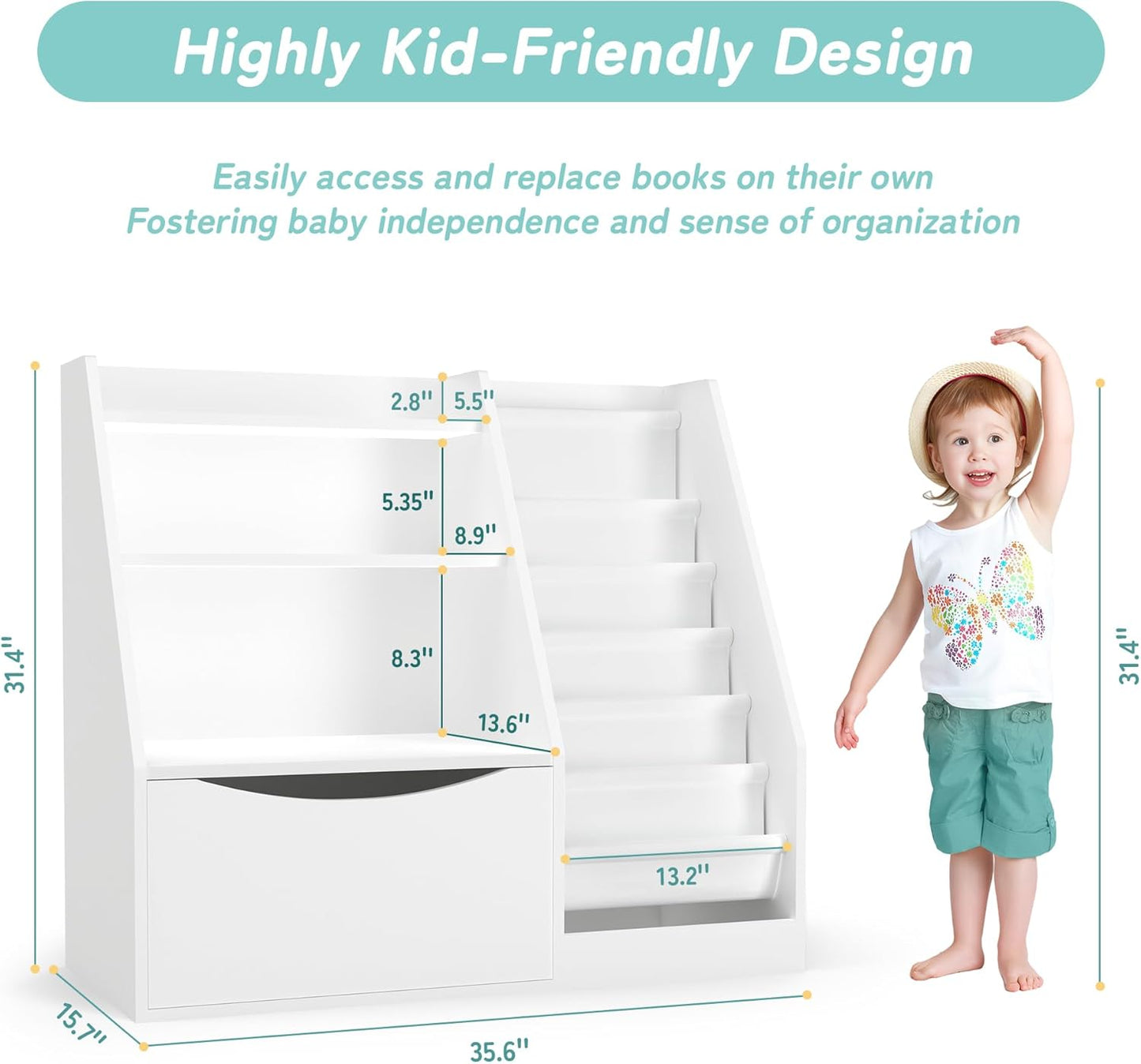 TOETOL Kids Bookshelf & Book Storage,3 Tier Wooden Toddler Bookshelf for Children,Nursery Book Shelves with 6 Sling,Organizer & Book Shelf for Kids Rooms,Bedroom,Playroom White