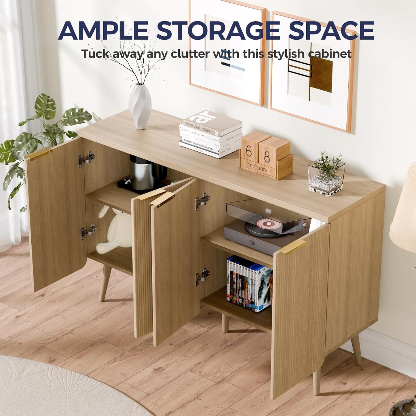 47.2" Buffet Cabinet with 4 Doors, Accent Sideboard Cabinet with Adjustable Shelf, Dining Room Sideboard with Waveform Panel, Credenzas for Living Room, Hallway, Natual Oak