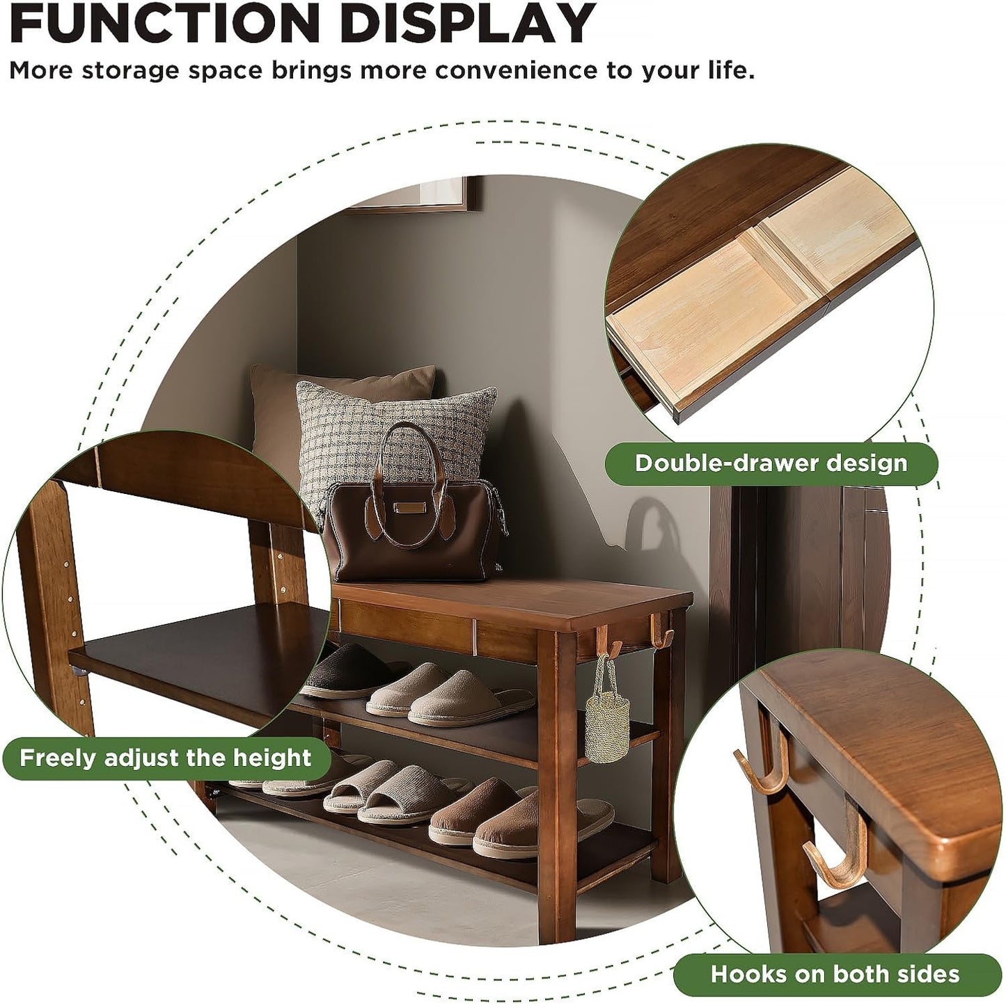Wood Shoe Bench Entryway with Drawer: 2-Tiers Wooden Storage Shoe Rack with Bench Seat, Compact Mid-Century Modern Design for Entryway, Hallway,Closet,Front Door Entrance,Foyer Walnut 39.3"