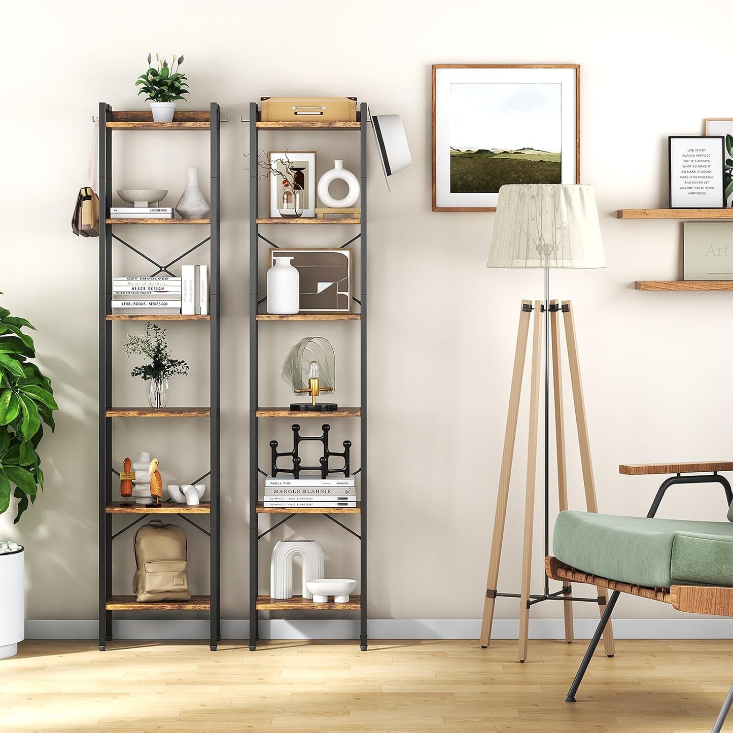 5 Tier Bookshelf, Bookcase with 5 Shelves, Storage Rack Organizer, Corner Wood Storage Shelf with Metal Frame for Bedroom, Living Room (Rustic Brown)