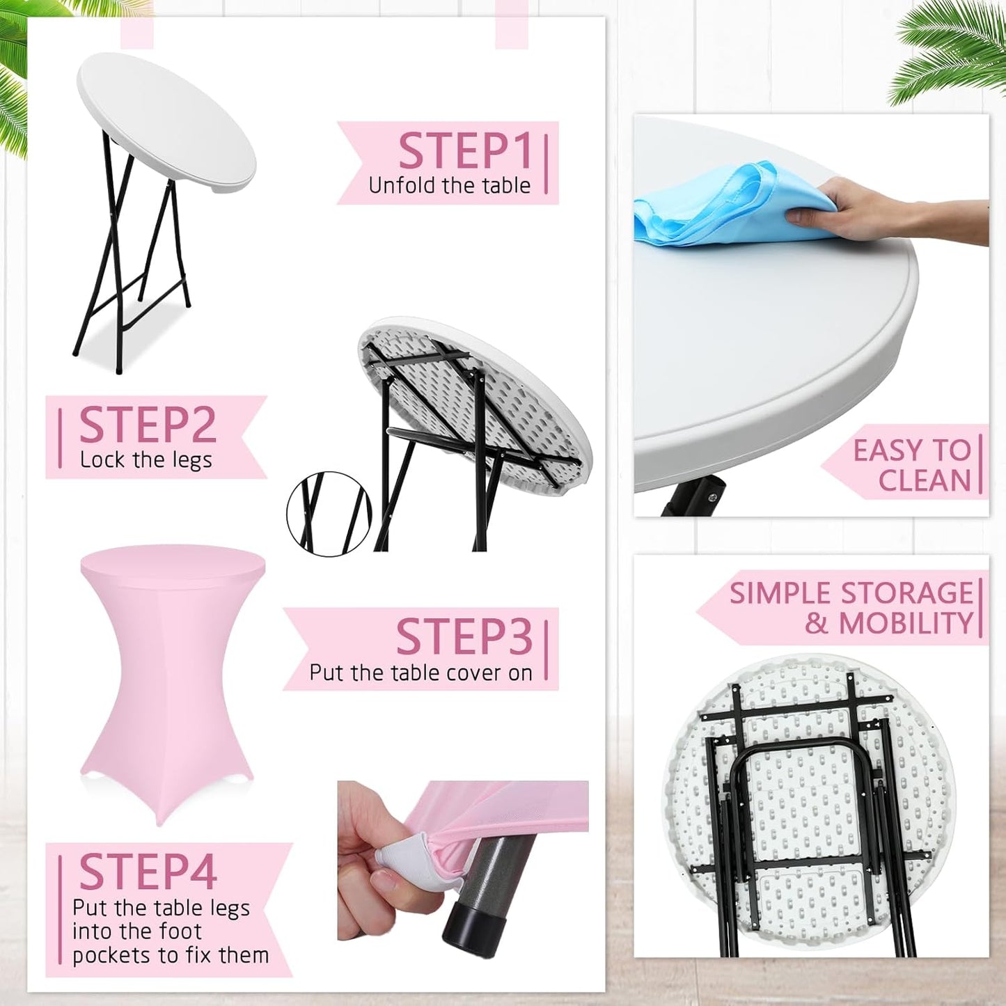 Wenqik 2 Sets 32" High Top Round Folding Cocktail Tables White Bar Height with Removable Legs & 32"x43" Spandex Stretch Table Covers (Pink)