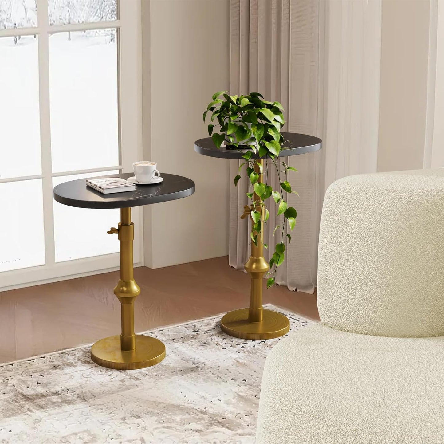 Marble Drink Table, 10"x12"x(22“~30") Martini Table with Metal Antique Brass Adjustable Stand Base, Drink Tables for Small Spaces, Living Room, Bedroom, Or Office (Black)