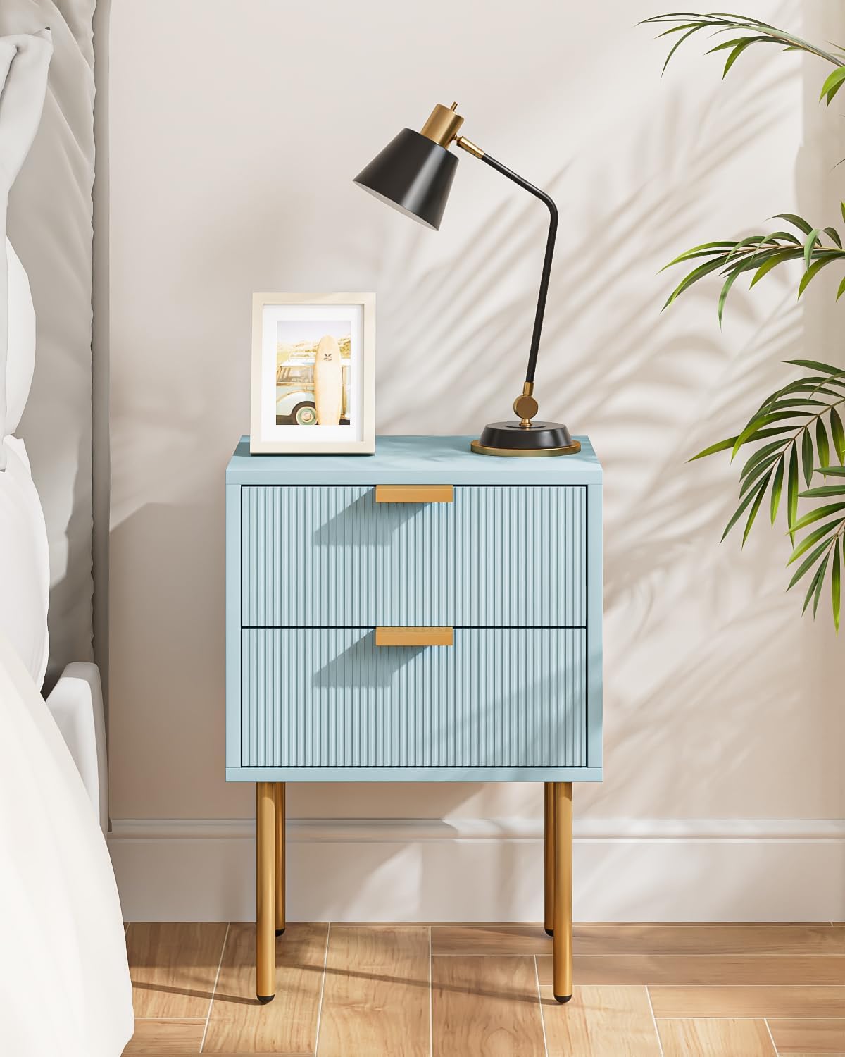Nightstand,Morden Bedside Table with Gold Frame,Small White Night Stand,End Table,Bedside Furniture,Side Table with Drawer and Shelf for Bedroom,Living Room (2Drawers, Blue)