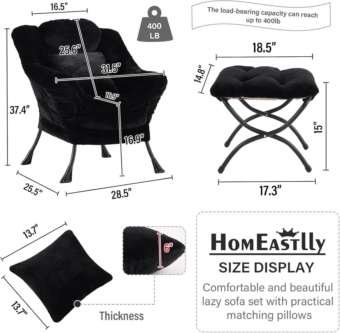 Lazy Chair with Ottoman, Reading Chair with a Pillow, Leisure Sofa Armchair with Ottoman, Large Accent Lounge Chair for Bedroom, Living Room, Dorm Room, Plush Black