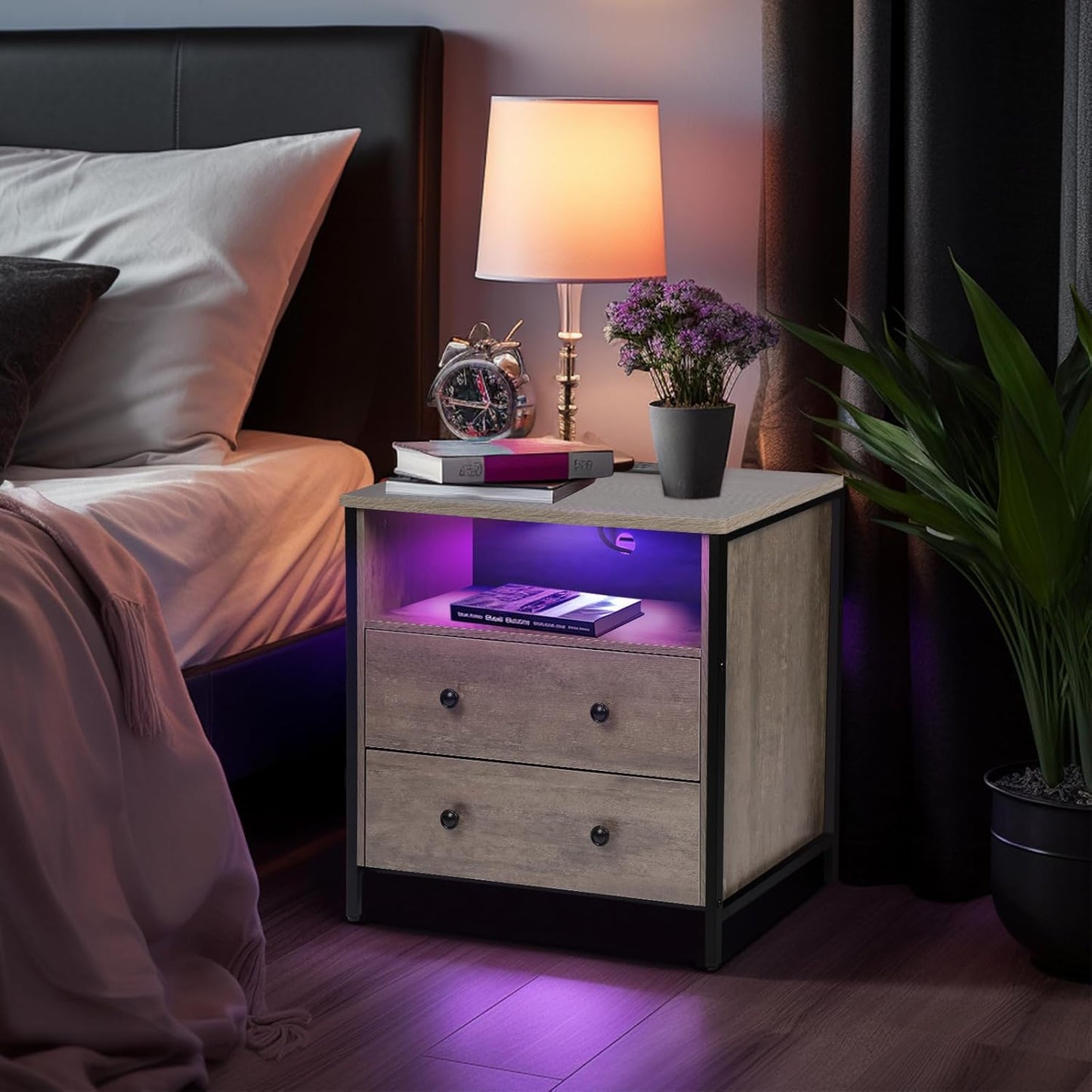 27 Inch Wide Night Stand, Large Wood Night Stand with 2 Drawers, LED Nightstand with Charging Station and Adjustable Drawer, Bedside Table for Living Room/Bedroom/Study/Office, Gray.