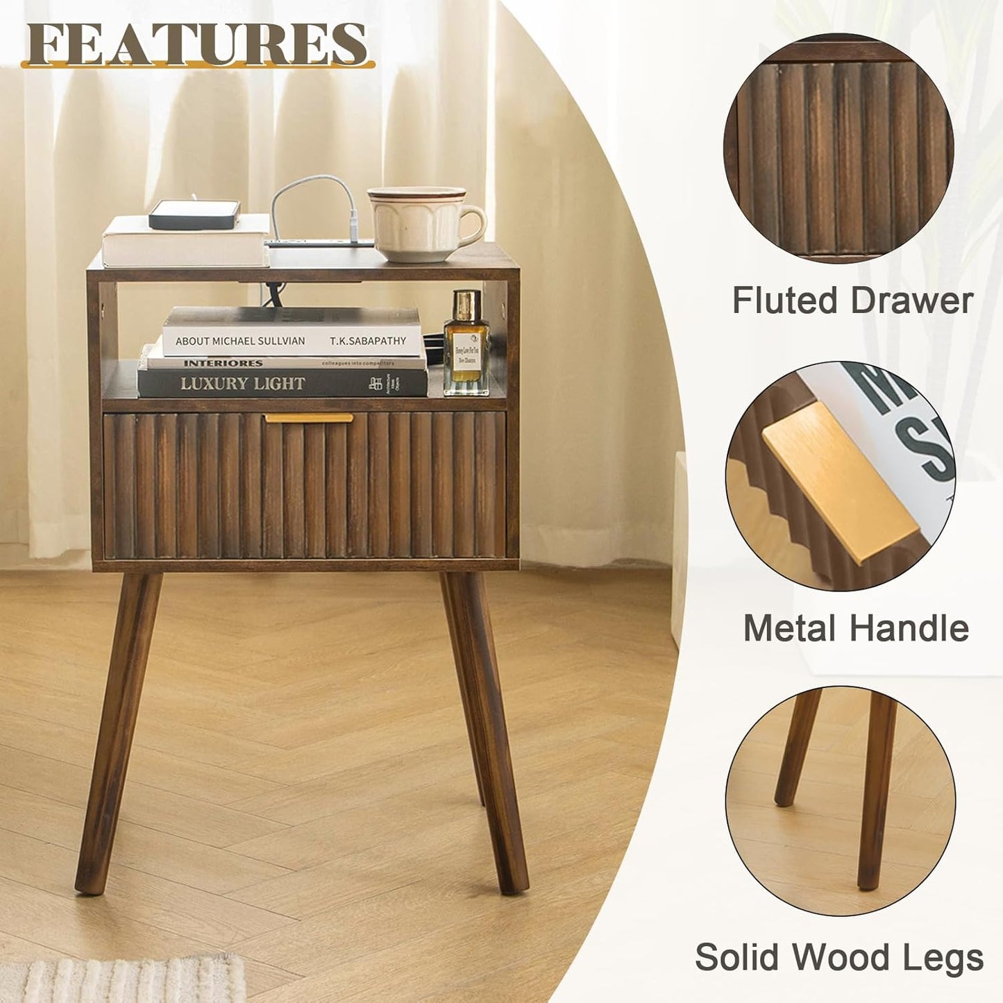 Mid Cetury Modern Nightstand with Charging Station, Fluted Bedside Table with Storage, Modern Side End Table with Solid Wood Legs for Bedroom, Dorm and Small Space (Rustic Brown)