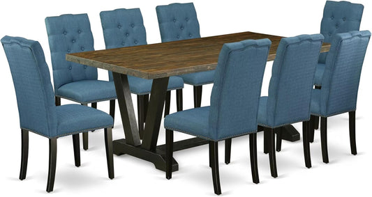 East West Furniture V677EL121-9 9 Piece Dining Set Includes a Rectangle Dining Room Table with V-Legs and 8 Blue Linen Fabric Upholstered Parson Chairs, 40x72 Inch, Multi-Color