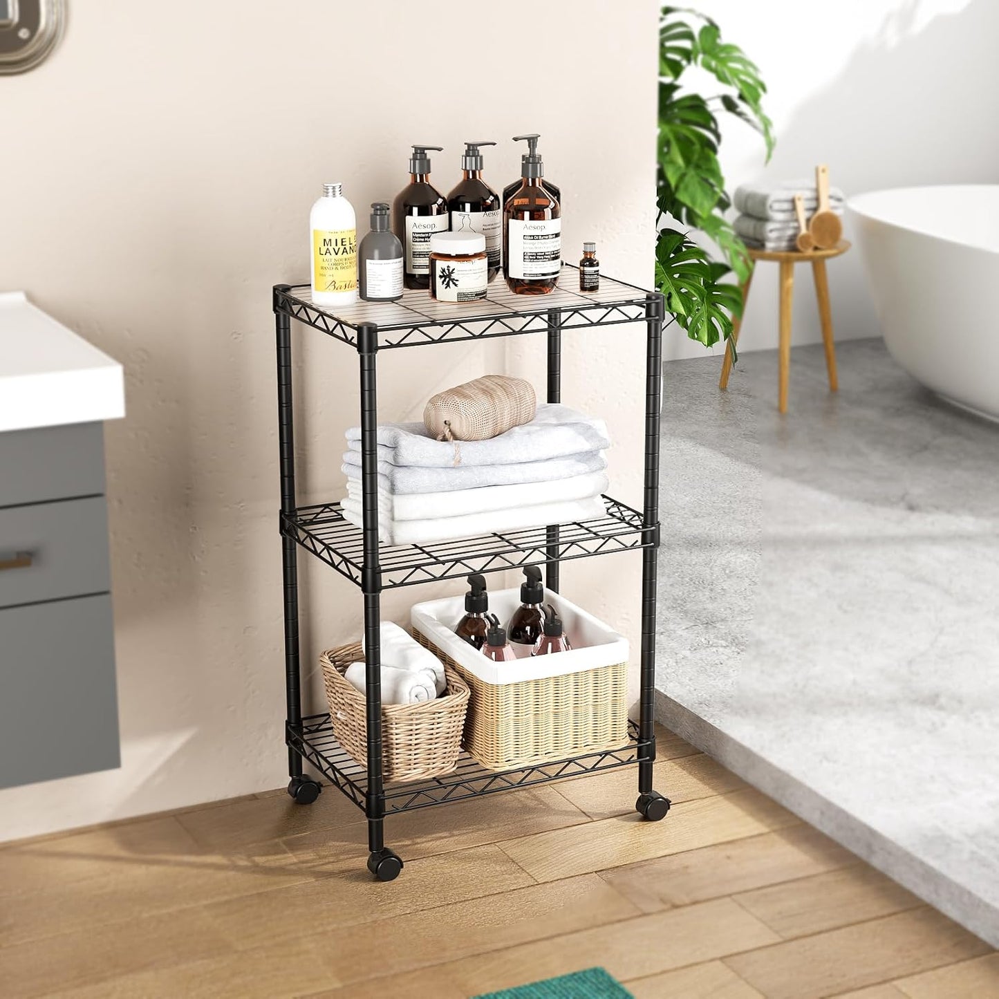 SINGAYE 3 Small Shelves Storage Shelf Wire Shelving Unit Metal Shelf Adjustable Organizers Storage Shelving with Wheels for Bathroom Laundry Room Kitchen Pantry11.5”D x 17.5”W x 30.5”H Black