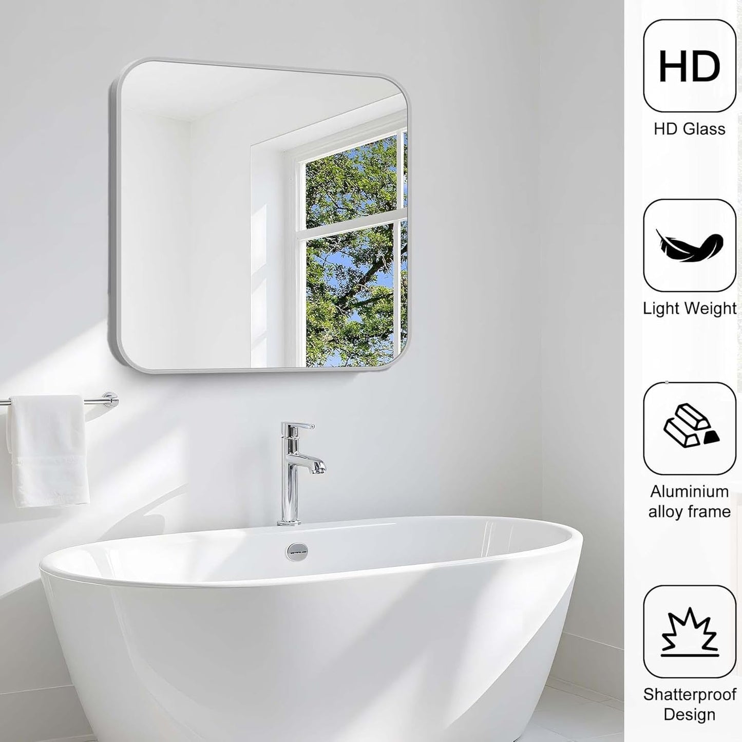 Silver Bathroom Mirror, 30 x 30 Inch Silver Square Mirror, Metal Framed Rectangular Vanity Mirror, Rounded Corner Wall Mounted Mirror for Living Room Bedroom Entryway Hangs Horizontal/Vertical