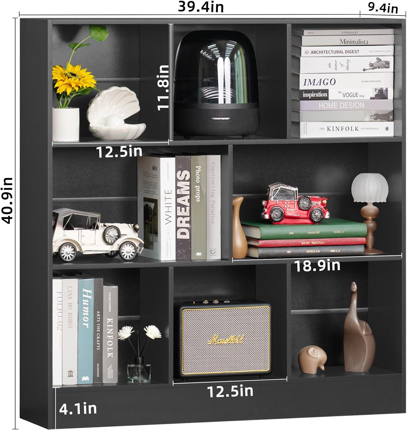 YAHARBO Black Wide Bookshelf,3 Tier Modern Horizontal Bookcase,Wood Low Bookshelves Display Storage Cabinet with Base,Floor Standing 8 Cube Large Bookcases Organizer for Bedroom,Living Room,Office