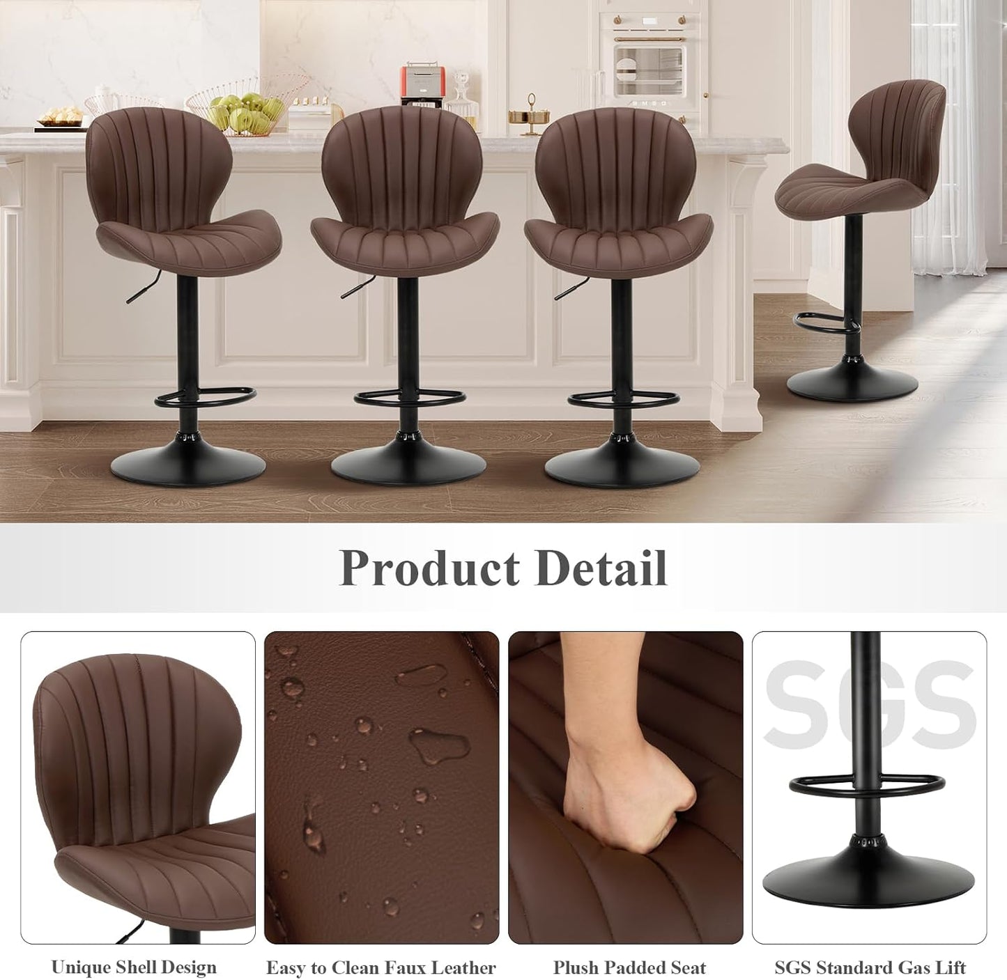 COLAMY Bar Stools Set of 2, Modern Swivel Bar Chairs, Adjustable Faux Leather Upholstered Barstools Counter Height with High Backrest for Bar, Kitchen Island, Dining Room, Brown