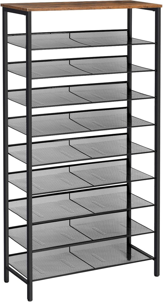 HOOBRO 10-Tier Shoe Rack, 29.5"L Shoe Shelf, Large Capacity Shoe Storage Organizer for 27+ Pairs of Shoes, Front Door Entrance, Entryway, Hallway, Closet, Space Saver, Rustic Brown and Black BF110XJ01