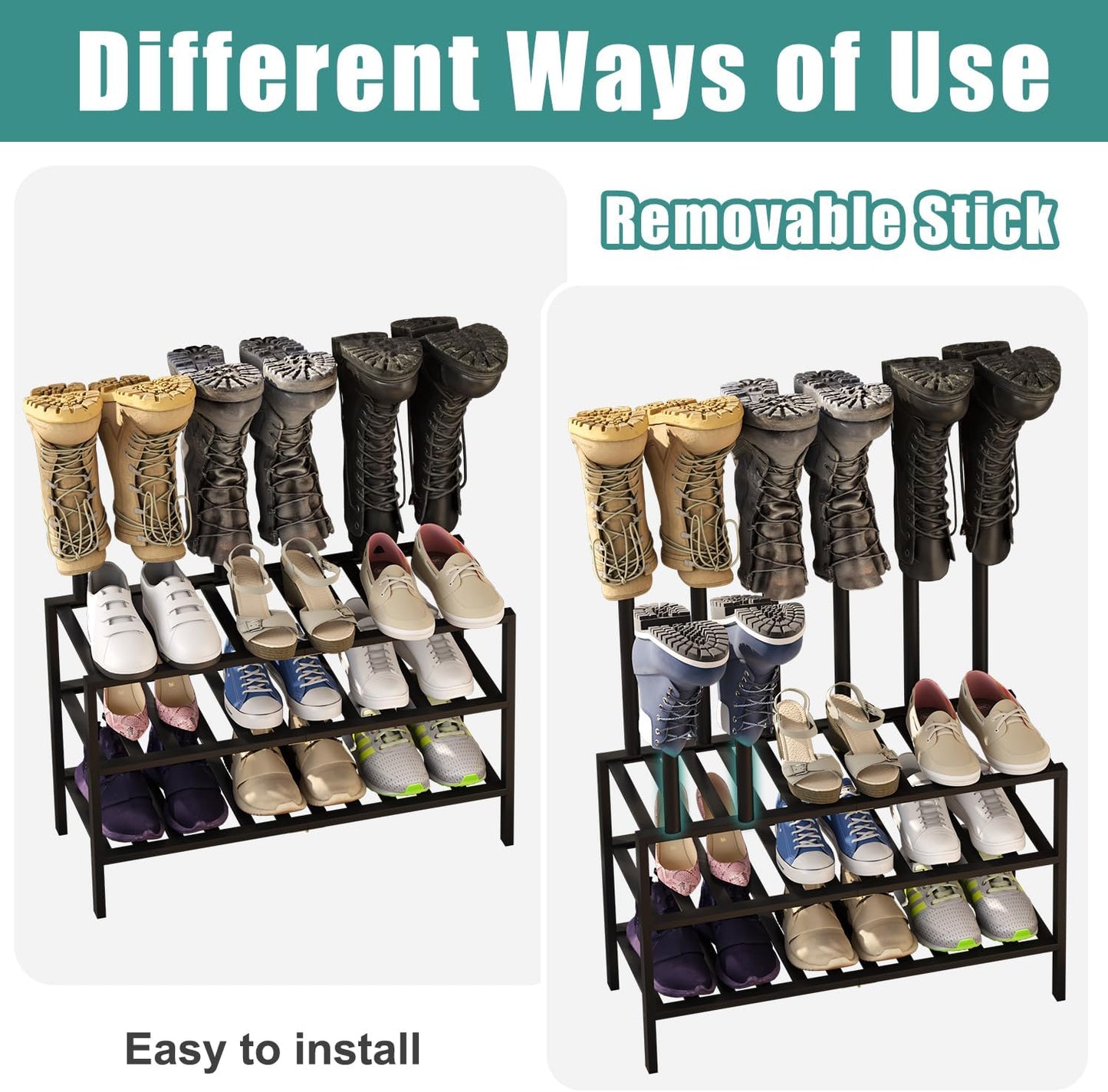 Black Boot Rack, Boot Rack Organizer Tall Boots with Shoe Rack for Closet, Bamboo Wood Shoe Shelf Storage Organizer for Entryway Small Space