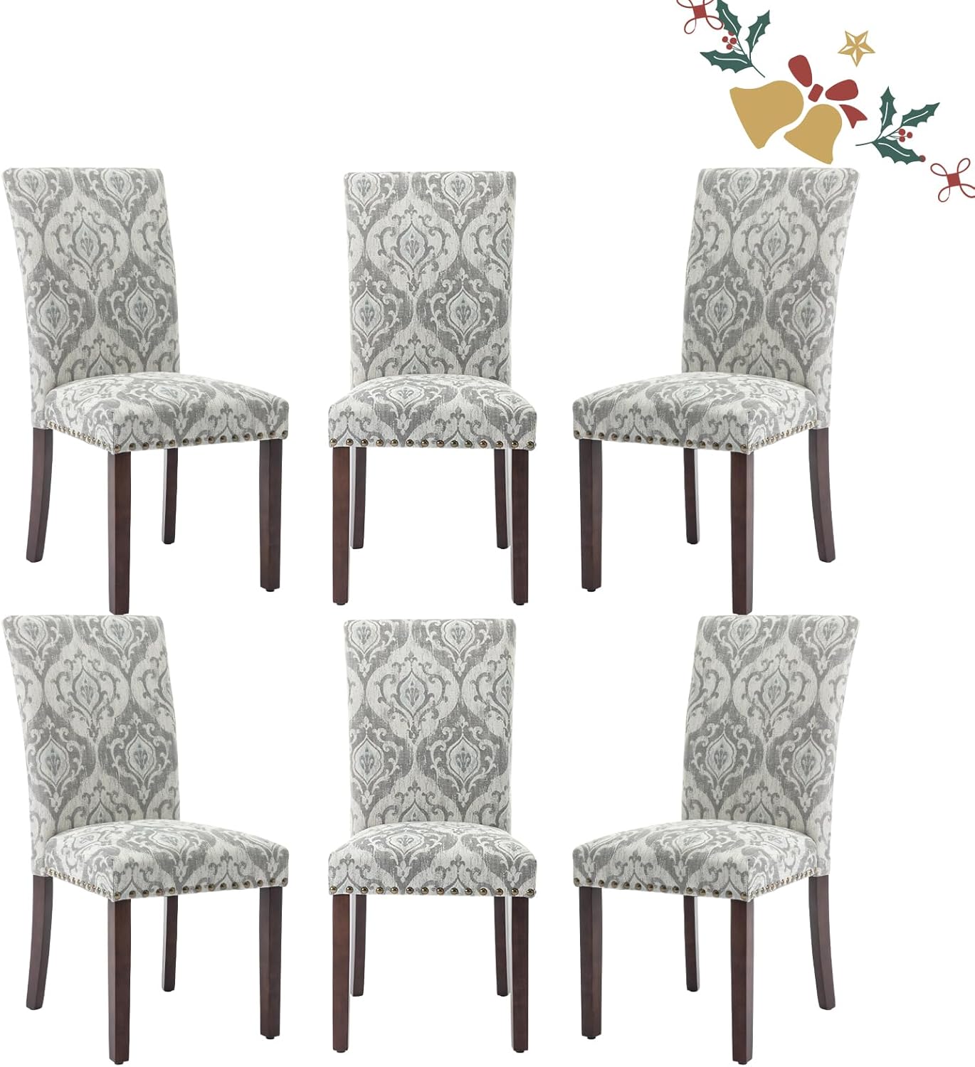 Parsons Dining Chairs Set of 6, Upholstered Nailhead Dining Room Kitchen Side Chair with Thick Cushions and Wood Legs, White/Grey