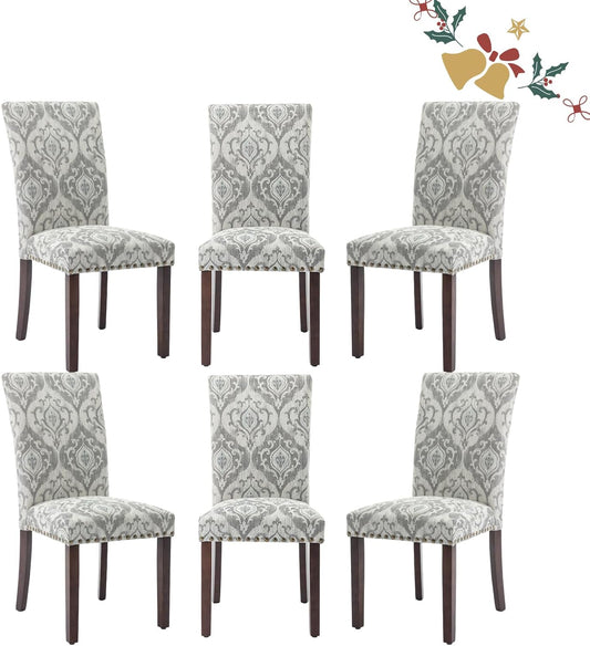 Parsons Dining Chairs Set of 6, Upholstered Nailhead Dining Room Kitchen Side Chair with Thick Cushions and Wood Legs, White/Grey