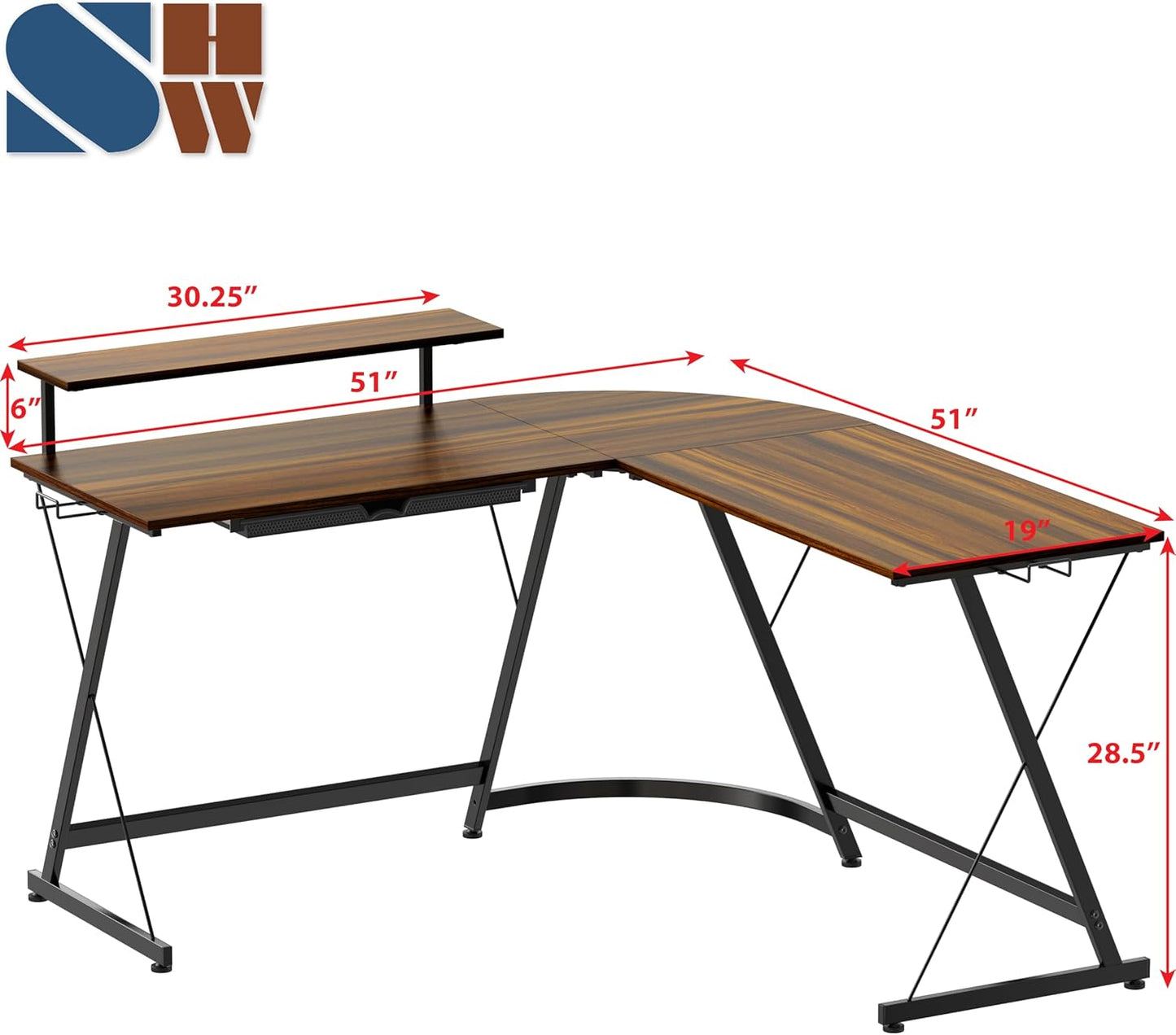 SHW 51 x 51 Inches Vista L-Shaped Desk with Monitor Stand and Drawer, Walnut