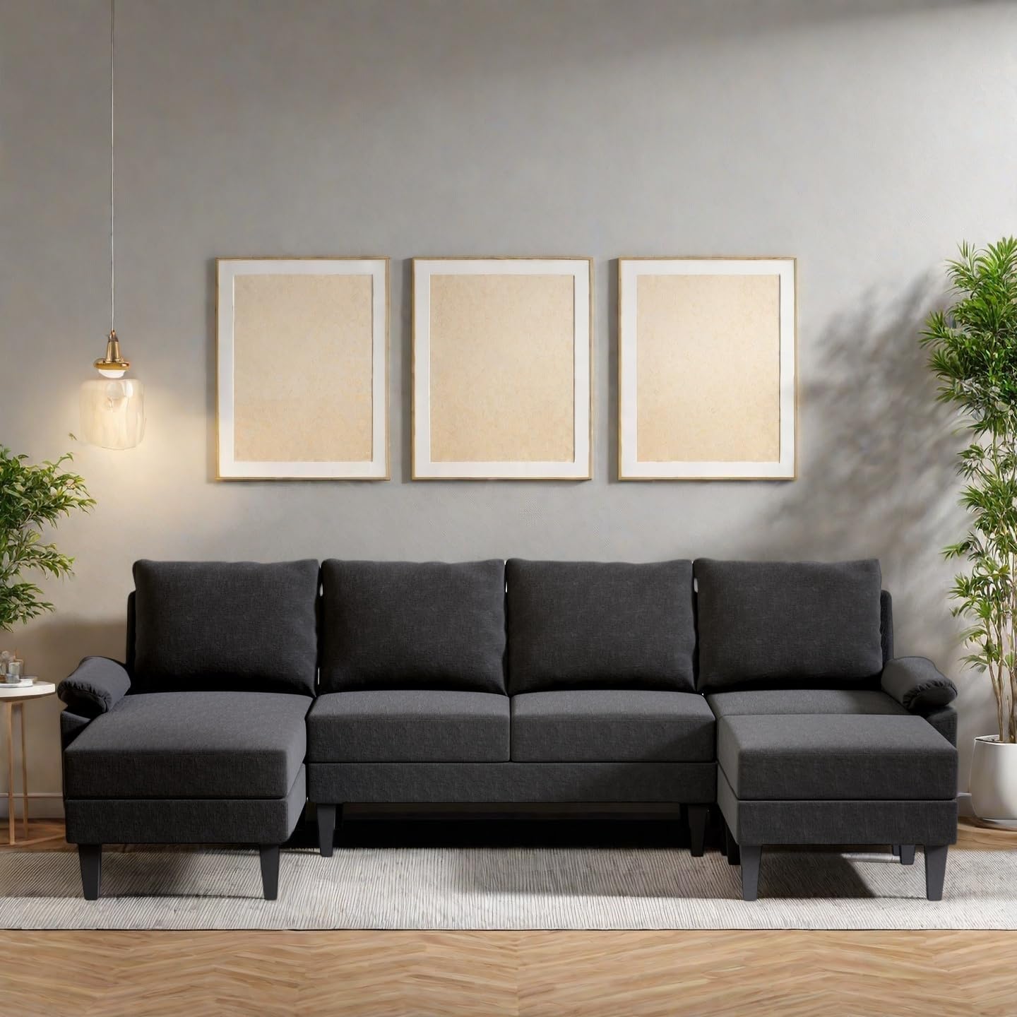 115 Inch U Shaped Sectional Couch with Chaise, 5-Seat Sofa with Moveable Ottoman, Modern Modular Sofa for Living Room, Apartment, Black