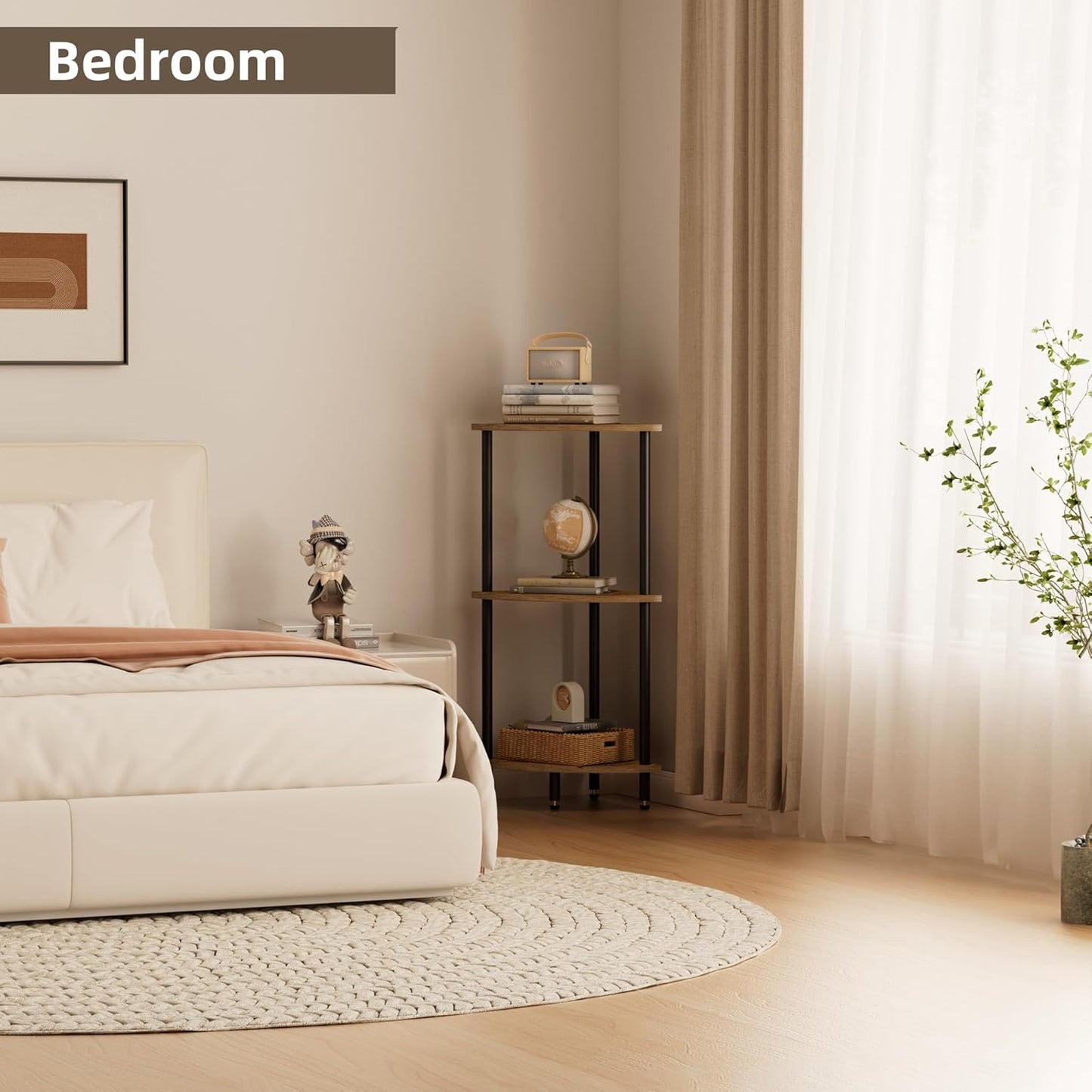 3 Tier Corner Shelf,Corner Bookcase for Small Spaces, Display Shelf,Narrow Bookshelf,Rustic Brown and Black,Suitable for Bedroom,Living Room,Kitchen