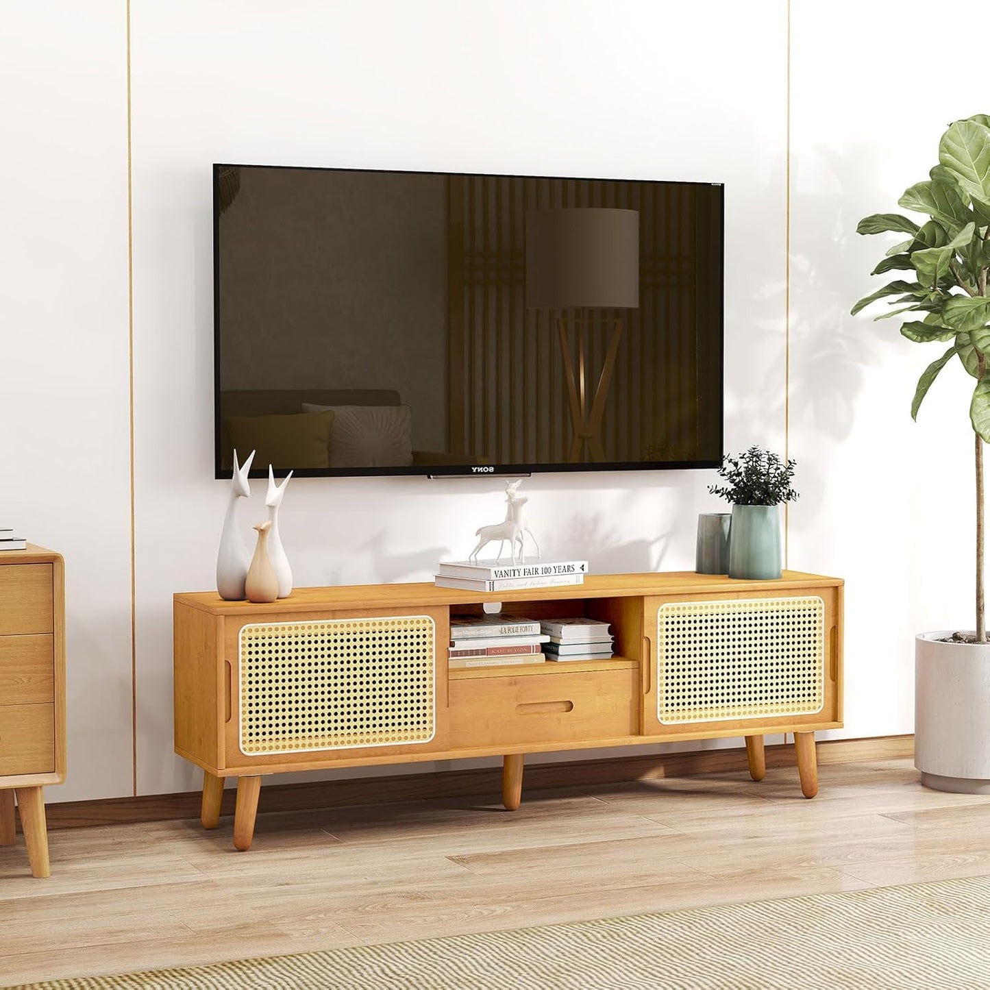 HollyHOME Bamboo TV Stand with Storage for TVs up to 65", Modern Entertainment Center with Rattan and Drawer, Accent TV Table with 2 Shelf, Media Console Cabinet for Living Room, Bedroom, Burlywood