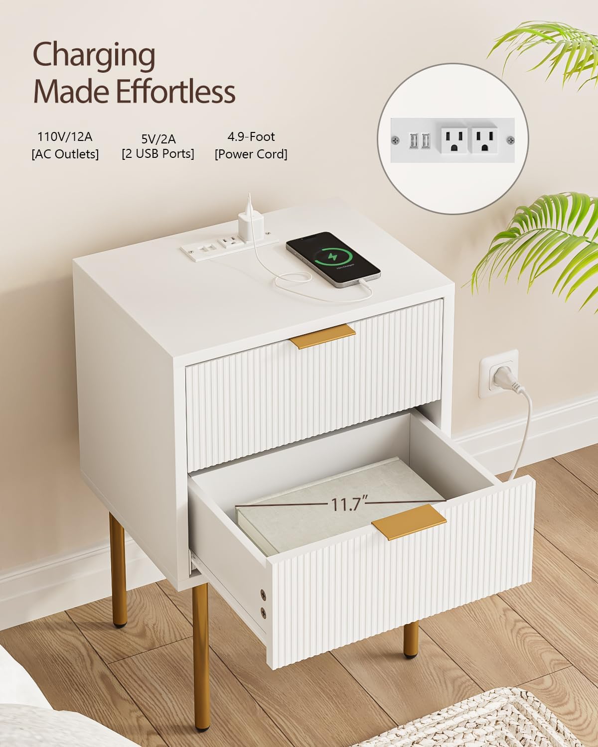 Nightstand,Small Bedside Table with Gold Frame,Morden Night Stand with 2 Drawer,End Table,Side Table with Drawer and Shelf for Bedroom,Living Room (White-2Drawer-Outlet)