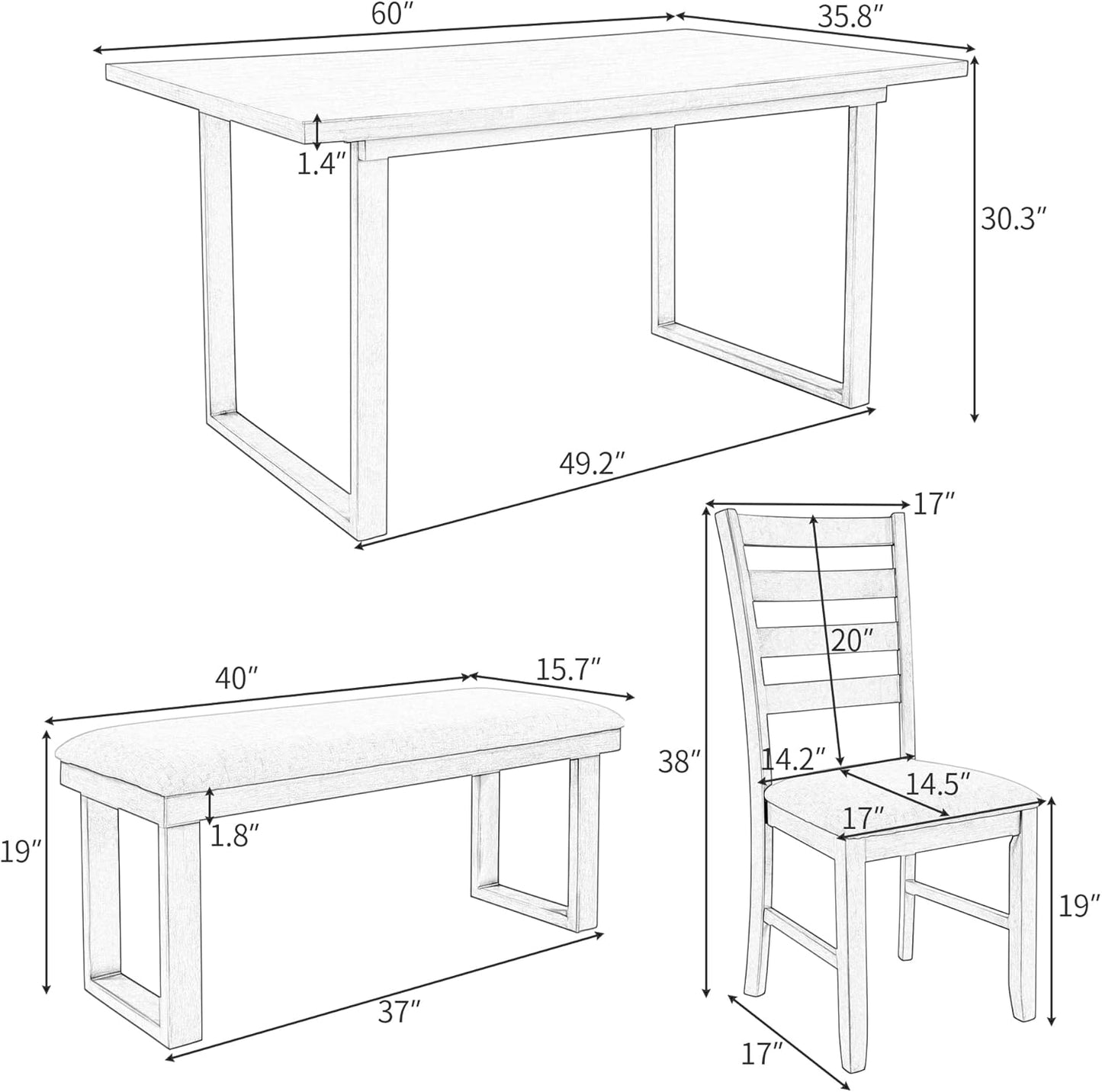 Ball & Cast 6 Piece Dining Table Set with 4 Ladder Back Upholstered Chairs and 1 Bench,Wooden Living Room Furniture W/ 60" Rectangle Kitchen Desk,for Restaurant,Home Bistro,Gray