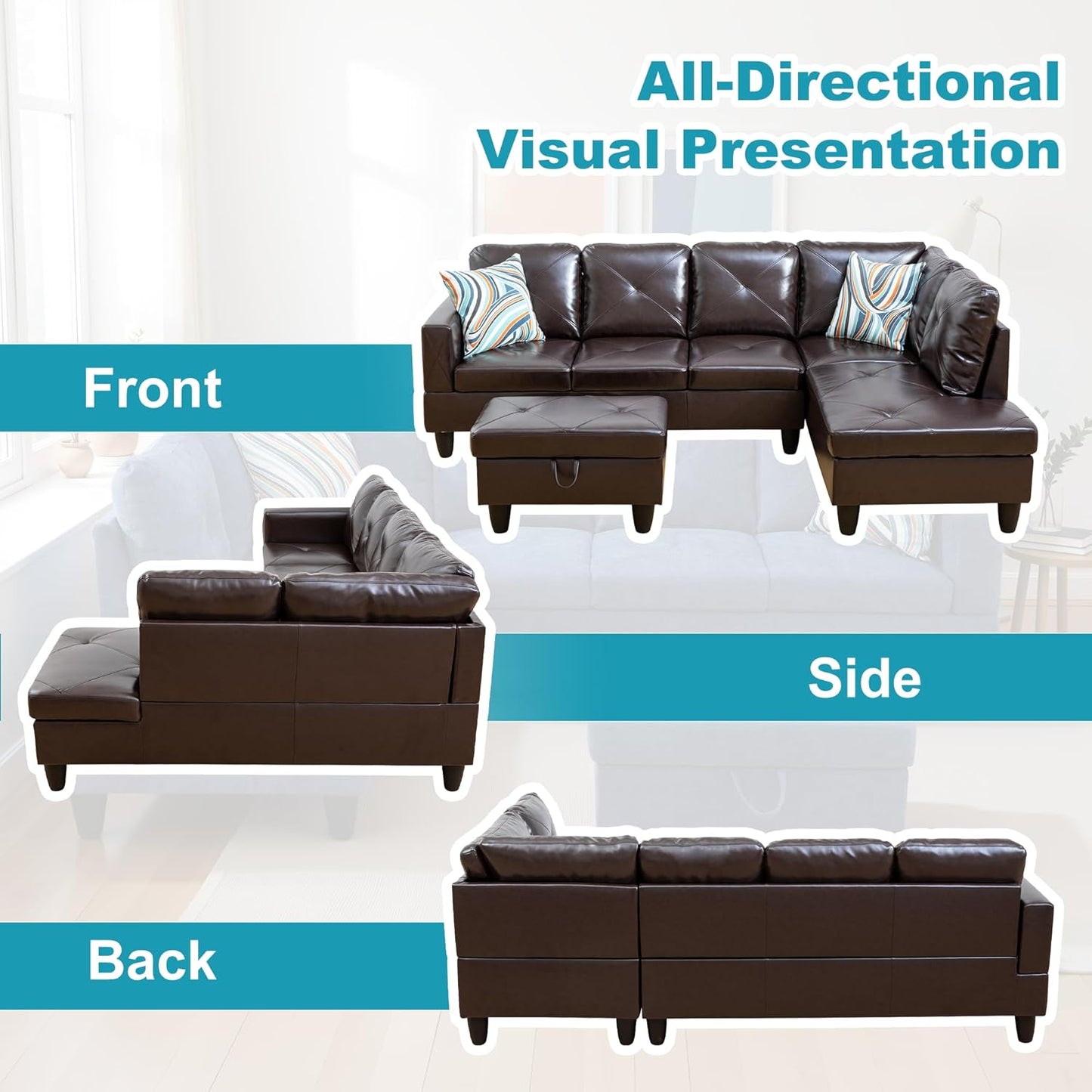 Couches for Living Room Faux Leather L Shaped Couch Comfy 3 Pieces Sectional Sofa with Chaise, Ottoman with Storage for Office and Small Apartment, Brown