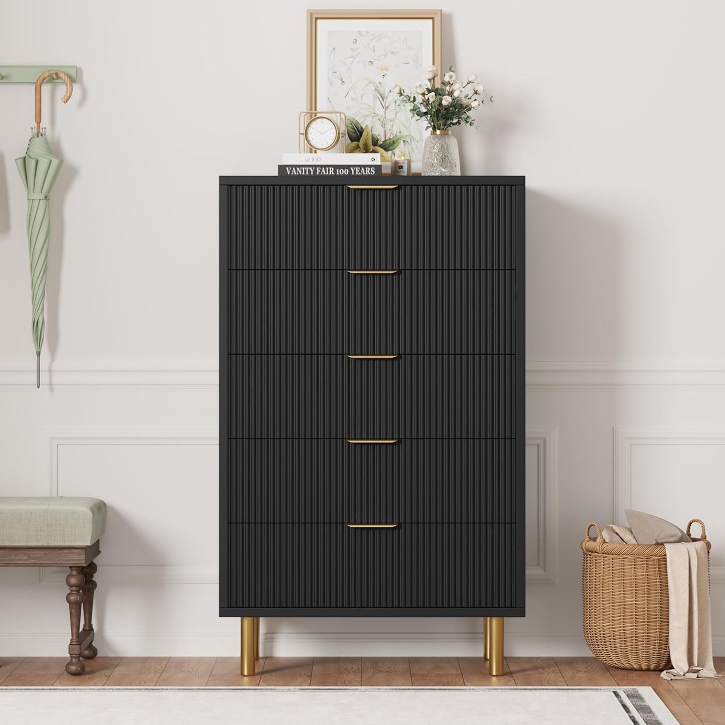 GarveeHome Black Dresser, Modern 5 Drawer Dresser for Bedroom with Gold Handle and Large Drawer, Wood Double Chest of Drawers and Storage Organizer for Living Room, Hallway, Entryway