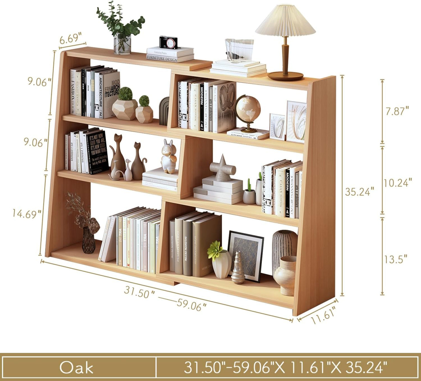IOTXY Wooden Extendable Shelf Bookcase - 3-Tier Ladder Low Short Bookshelf for Small Space or Corner, Oak, L
