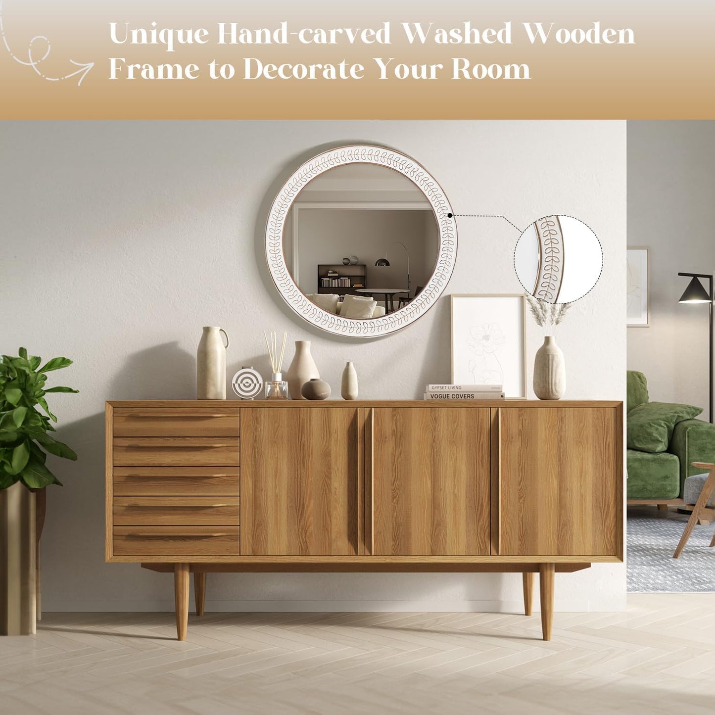 24 inch Round Rustic Wooden Mirrors, Distressed Circle Mirror for Bathroom, Bedroom, Living Room, Entryway, Fireplace, Hall