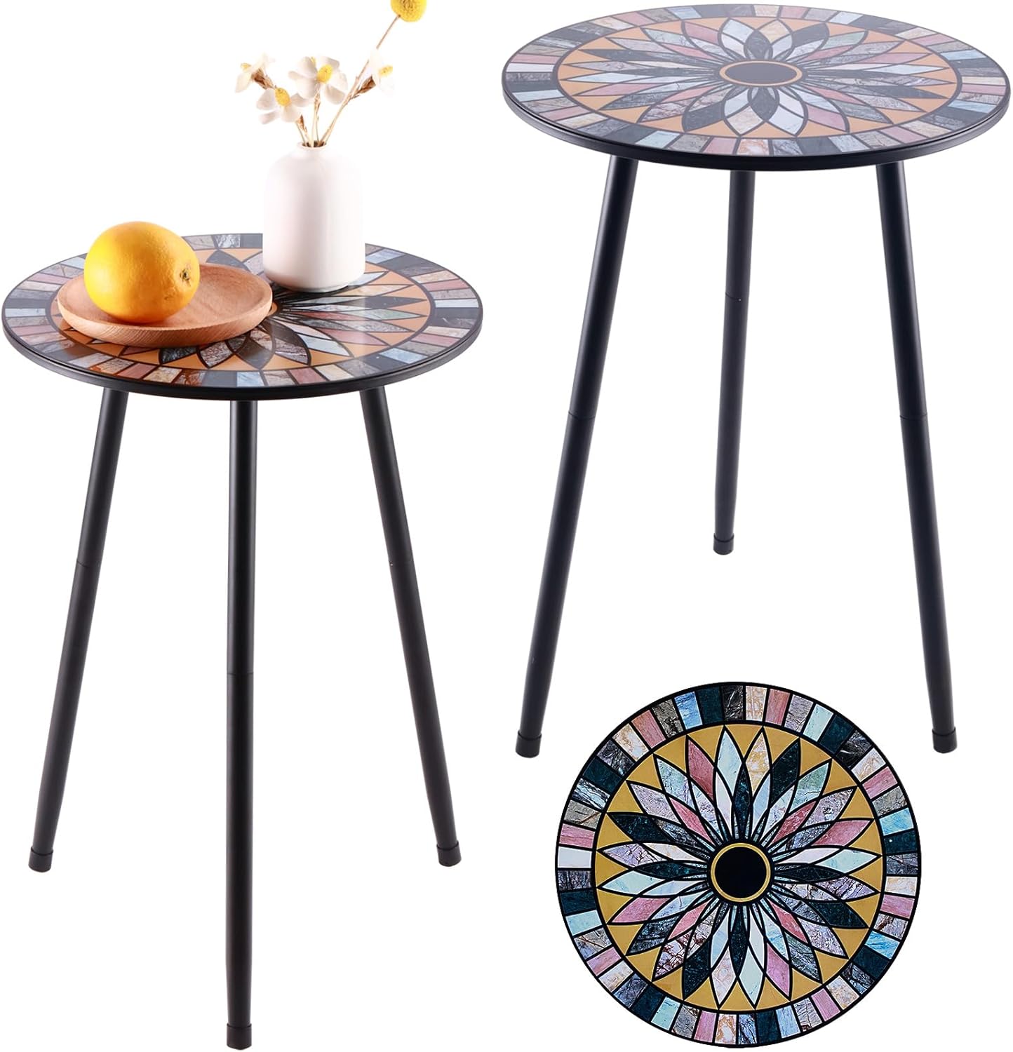 Party Zealot Metal Mosaic Round Side Tables Set of Two 13.4" Small Outdoor Patio Round Accent Coffee Tables Indoor Corner Stand for Small Spaces Weather-Resistant for Balcony Plant Stand