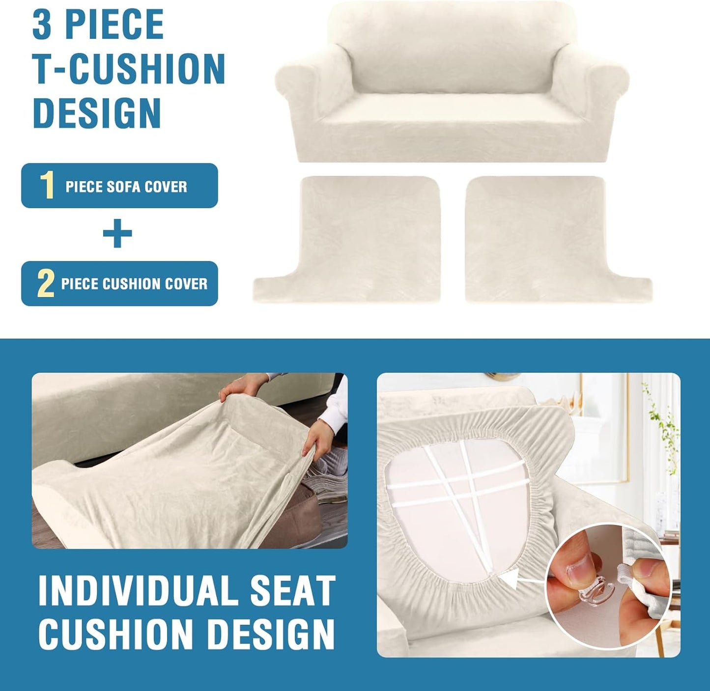 H.VERSAILTEX Sofa Cover 3 Piece T Cushion Sofa Slipcovers Thick Velvet Couch Cover Furniture Protector Stretch Sofa Covers for 2 Cushion Couch with 2 Individual T Cushion Covers Washable, Ivory