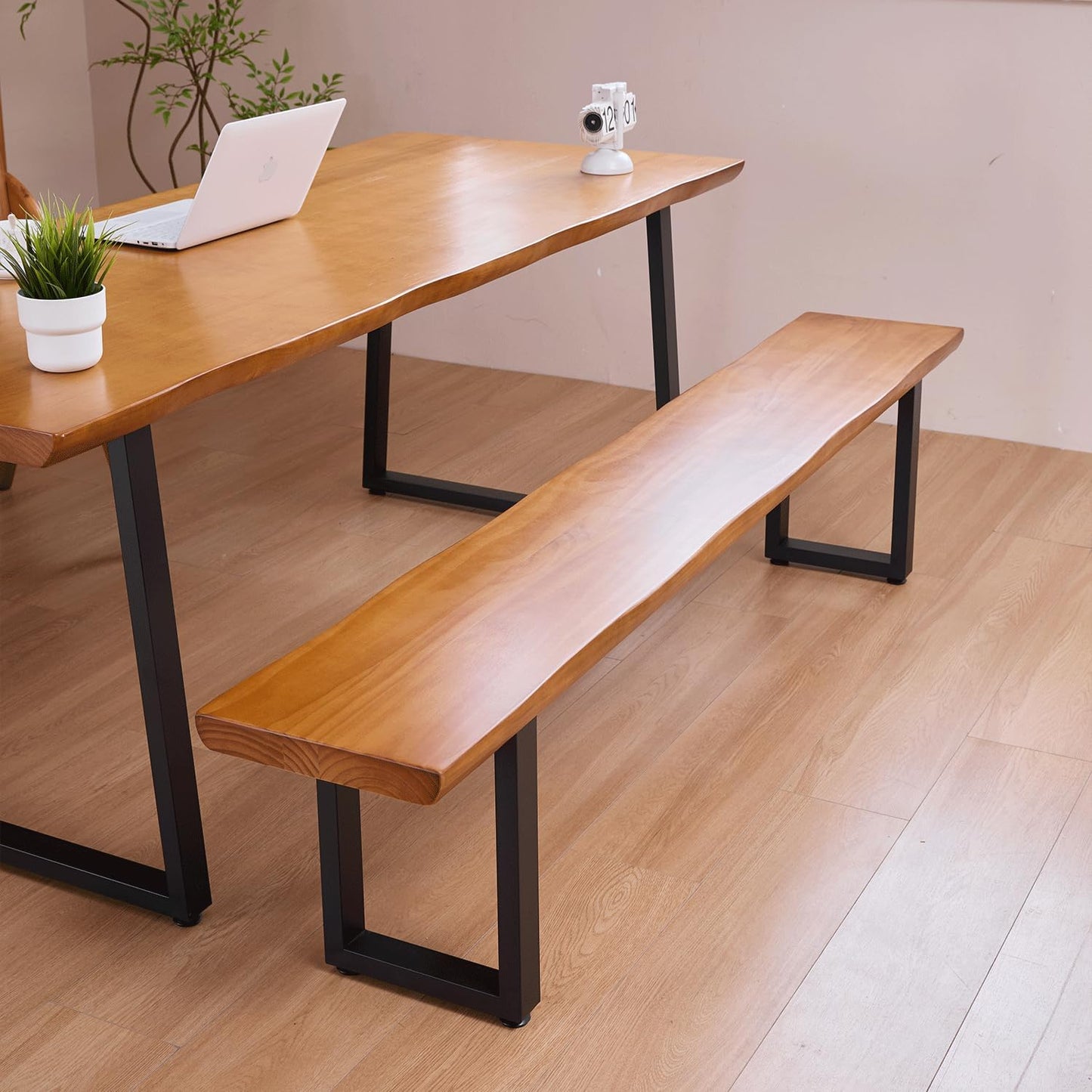 Durable Solid Wood Top Bench with Sturdy Metal Legs – Versatile Dining & Office Seating - Multi-Size Options Ideal for Living Room, Dining Room, and Home Office(Dark yellowbench, 70.87in)