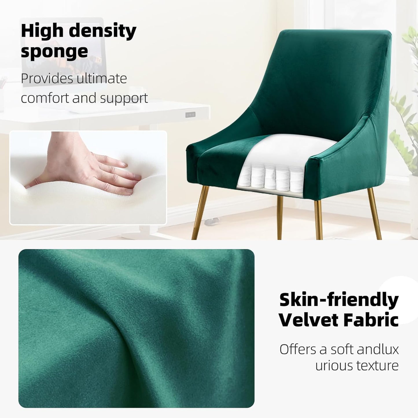 Velvet Dining Chairs, Furniture Collection Modern Contemporary Upholstered with Polished Gold Metal Legs, Set of 4(Green)