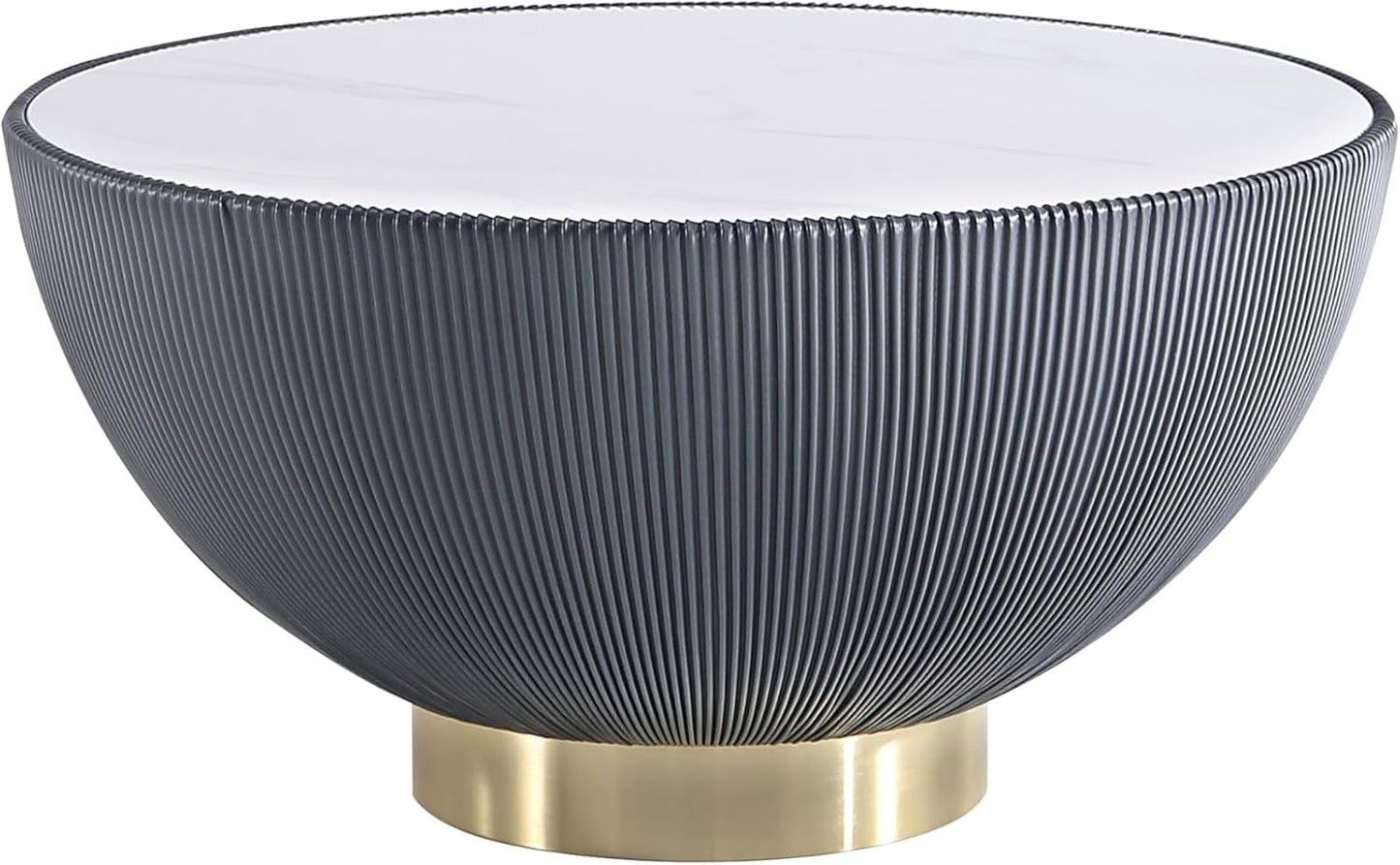 Manhattan Comfort Anderson Modern 28.15" Round Coffee Table 2.0 - Ceramic Marble Tabletop, Elegant Pleated Leatherette Details & Gold Base, Fully Assembled Accent Furniture, Set of 1, Grey