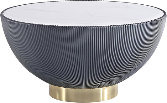 Manhattan Comfort Anderson Modern 28.15" Round Coffee Table 2.0 - Ceramic Marble Tabletop, Elegant Pleated Leatherette Details & Gold Base, Fully Assembled Accent Furniture, Set of 1, Grey