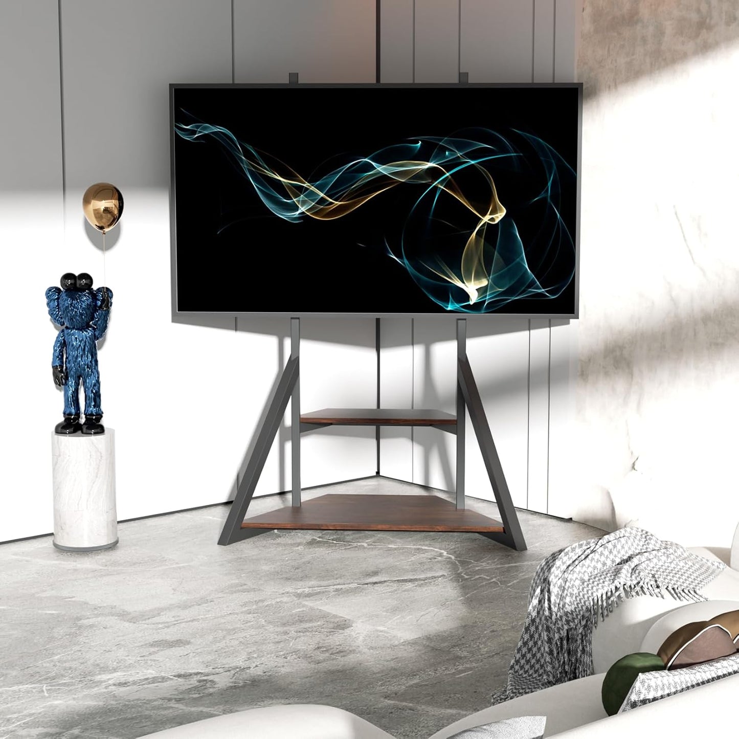 unho Floor TV Stand with Mount, for 40 45 55 65 75 inch Corner tv Stand with Wheels Adjustable Height Bracket Heavy Duty 2 Wooden Shelves Base VESA 600x400mm Max Load Bearing 176 pounds