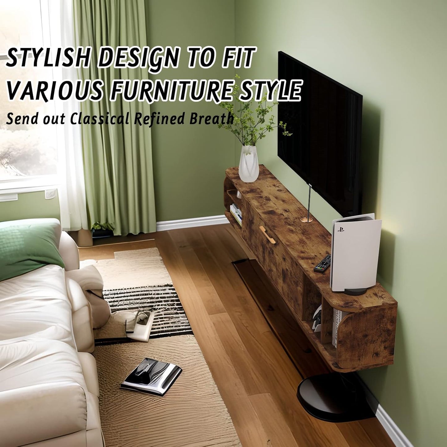 Floating TV Unit, 47'' Wall Mounted TV Cabinet, Floating Shelves with 4 Cabinets, Wooden Entertainment Media Console Center Large Storage TV Bench for Living Room & Office (Rustic Brown)