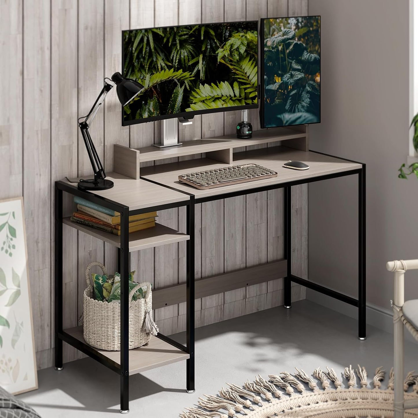 Computer Desk Gaming Desk with Monitor Stand, Home Office Desk Suitable for 2 Monitors, Writing Desk with Adjustable Storage Space,Sturdy and Durable Modern Small Desk (Grey, 47 inchs)