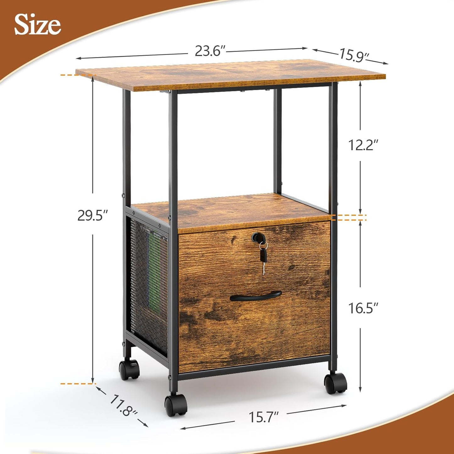 Small Filing Cabinet with Lock, Printer Stand with File Storage, Rolling Locking File Cabinet with Drawer Vertical File Cart with Wheels, Lockable Filing Cabinet for Home Office
