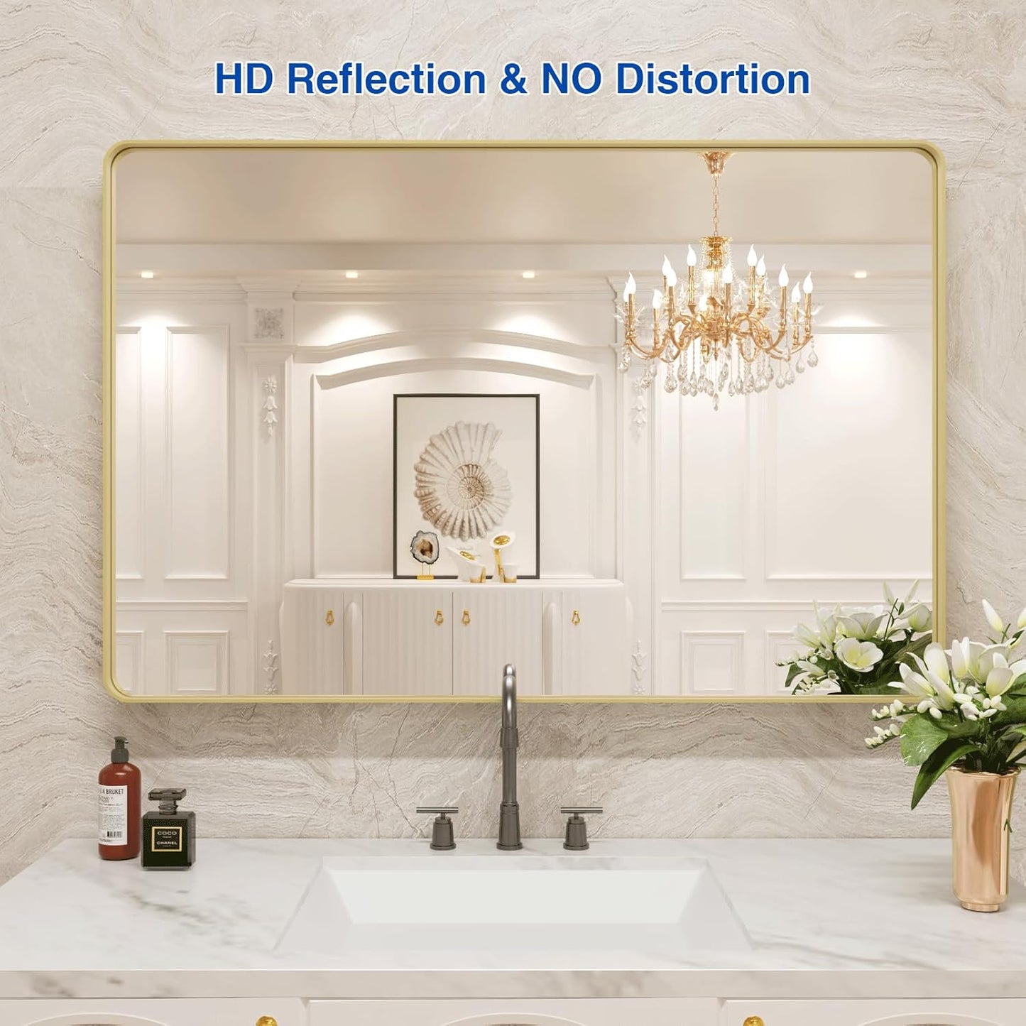 WEER Gold Bathroom Mirror, 48X30 Inch Brushed Gold Metal Frame Mirror, Rounded Rectangle Gold Bathroom Vanity Mirror for Wall, Tempered Glass, Anti-Rust, Hangs Horizontally or Vertically