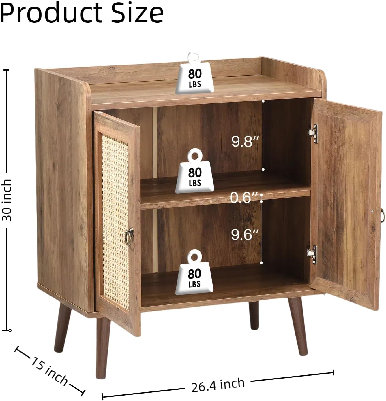 Buffet Cabinet, Rattan Storage Cabinet with Round Pull Rings, Sideboard with Ample Storage, Bar Liquor Shelf with 2 Doors for Living Room, Hallway, Light Brown