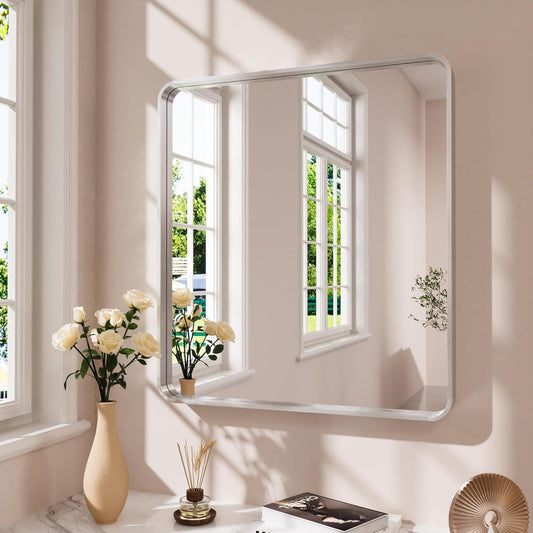 Brushed Nickel Bathroom Mirror 38x38 Inch, Brushed Silver Metal Frame Mirror Wall Mounted, Rounded Bathroom Vanity Mirror, Tempered Glass, Anti-Rust, Horizontal/Vertical