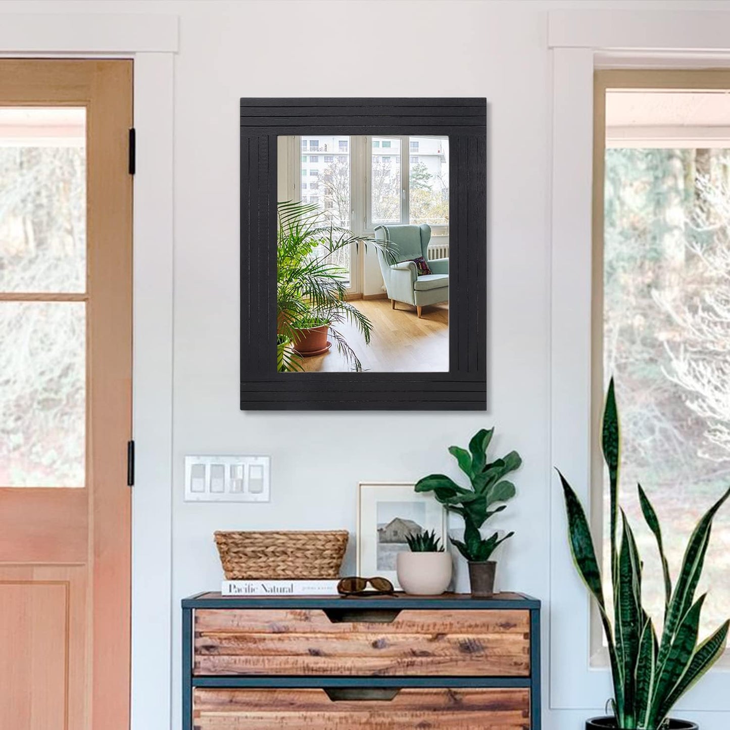 Black Vintage Rustic Wood Framed Wall Mirror Farmhouse Rectanglular Antique Decor Hanging Mirror for Bathroom Bedroom Living Room Entryway Large 20"x16"