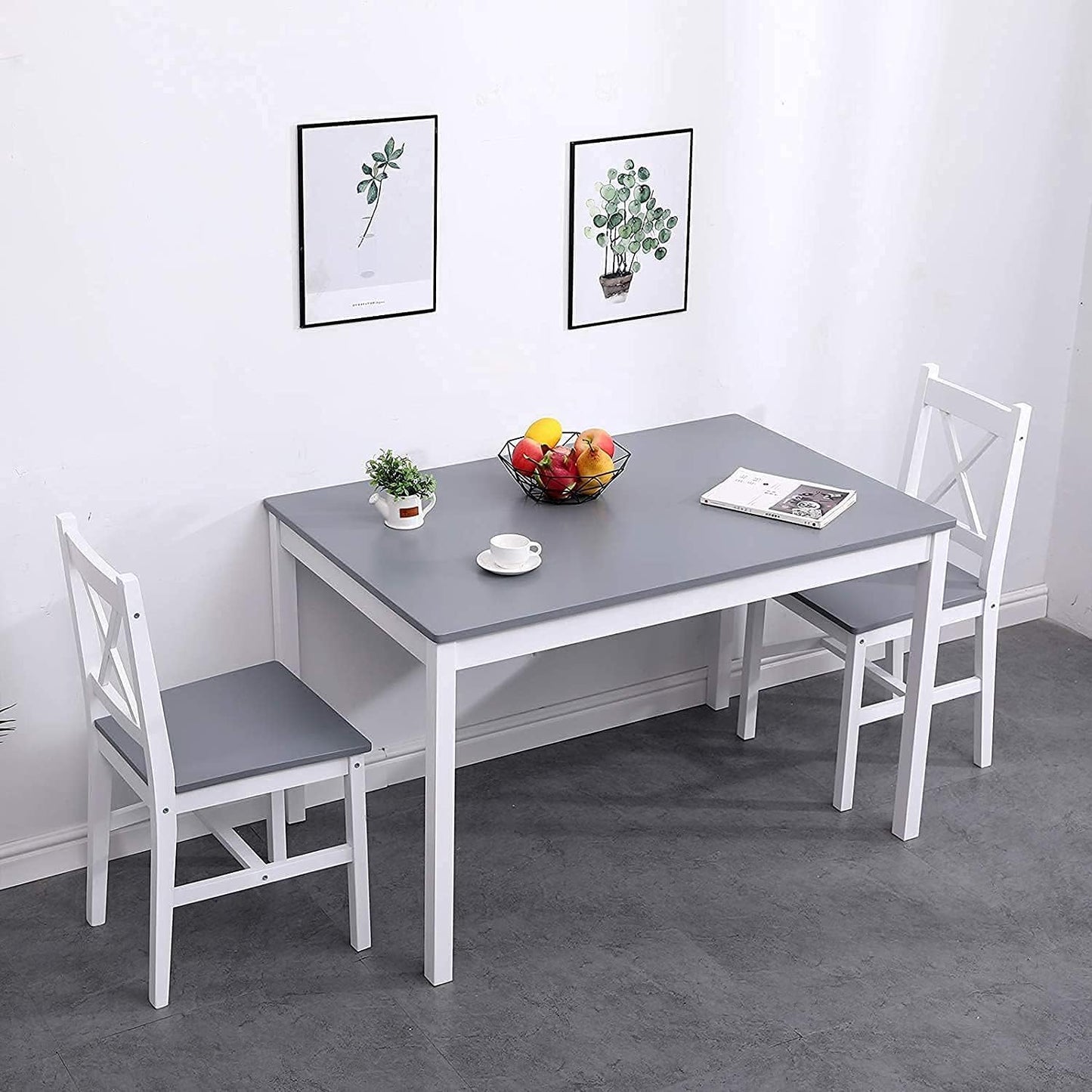 soges Dining Table Set for 4, 42.5 inch Pine Wood Dining Room Table with 4 Chairs, 5-Piece Kitchen Table Chairs Set for Small Space, Apartment, Dinette, Breakfast, White and Grey