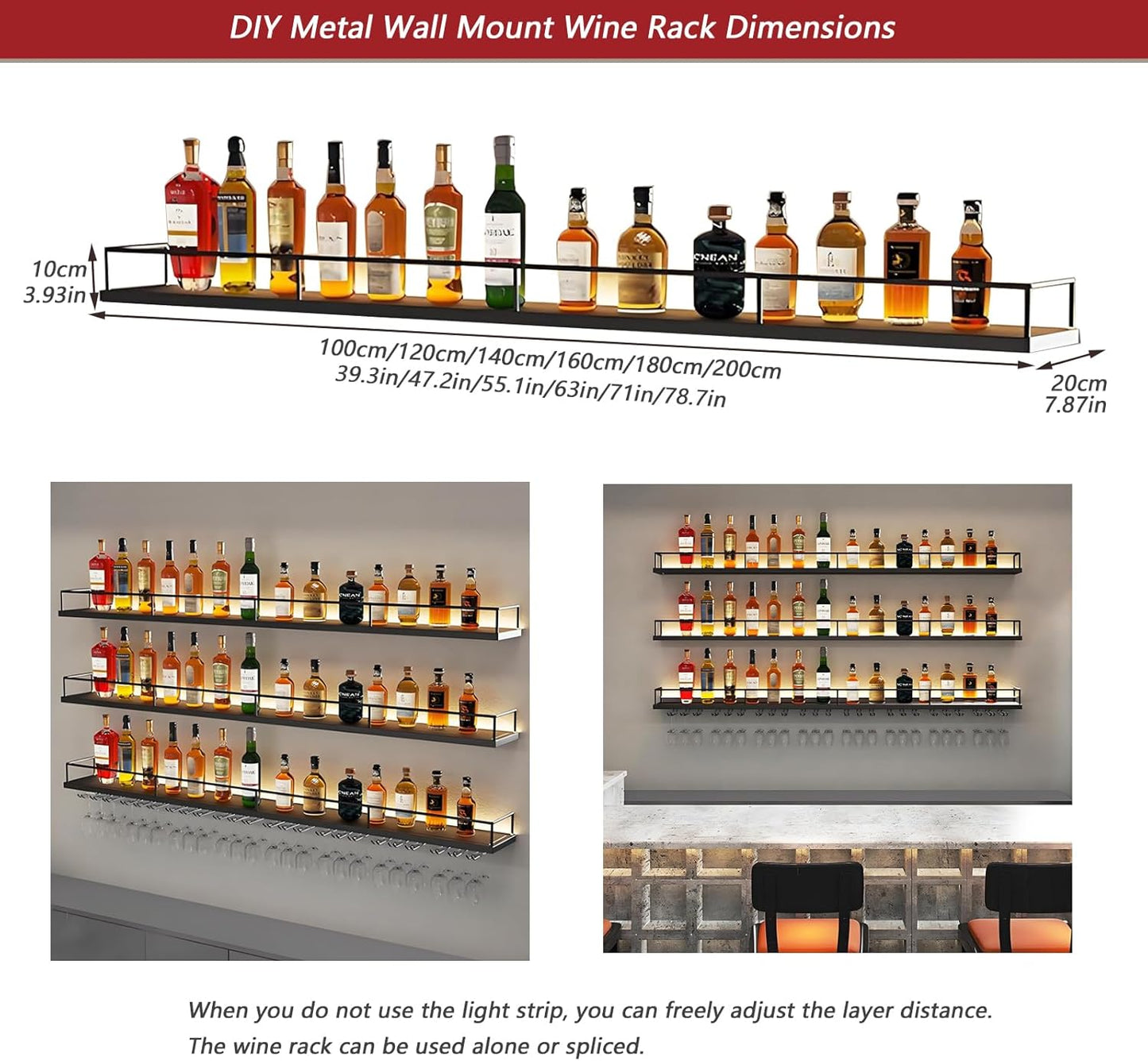 Wall-Mounted Metal Wine Rack with LED Lights 3-Tier Floating Bar Shelves with Wine Glass Rack Large Wine Bottle Display Rack Hanging Shelf, for Home Bar Dining Room Decorative (Gold, 100cm/39.3in)